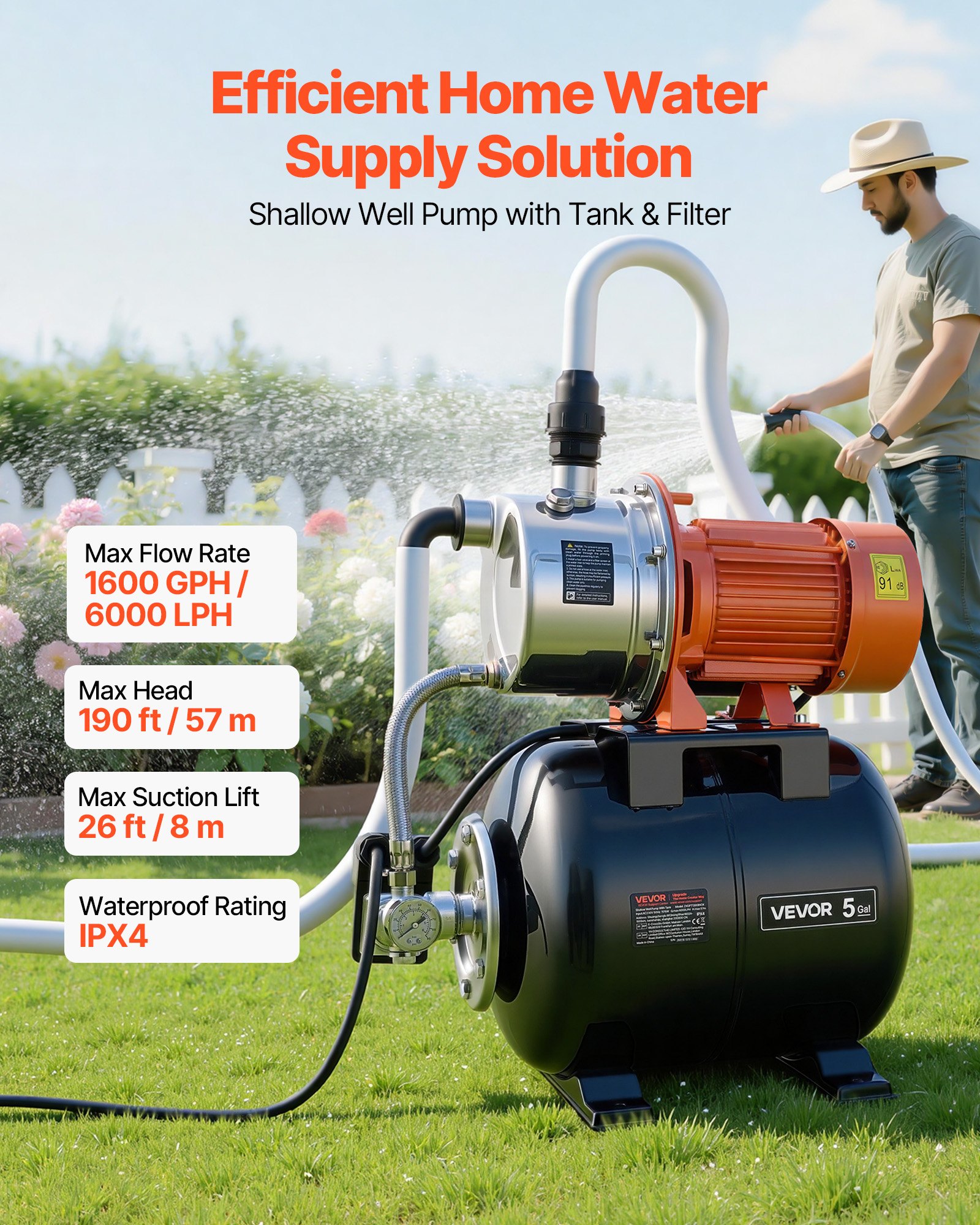 VEVOR 1.6 HP Shallow Well Pump with Pressure Tank, 230V 6000 LPH, Stainless Steel Irrigation Jet Pump with 19 L Tank, Automatic Water Booster System, 1.4-2.8 bar Pressure Switch, for Home Garden Lawn