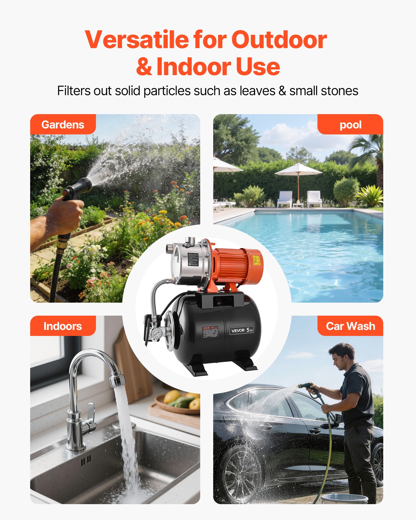 VEVOR 1.6 HP Shallow Well Pump with Pressure Tank, 230V 6000 LPH, Stainless Steel Irrigation Jet Pump with 19 L Tank, Automatic Water Booster System, 1.4-2.8 bar Pressure Switch, for Home Garden Lawn