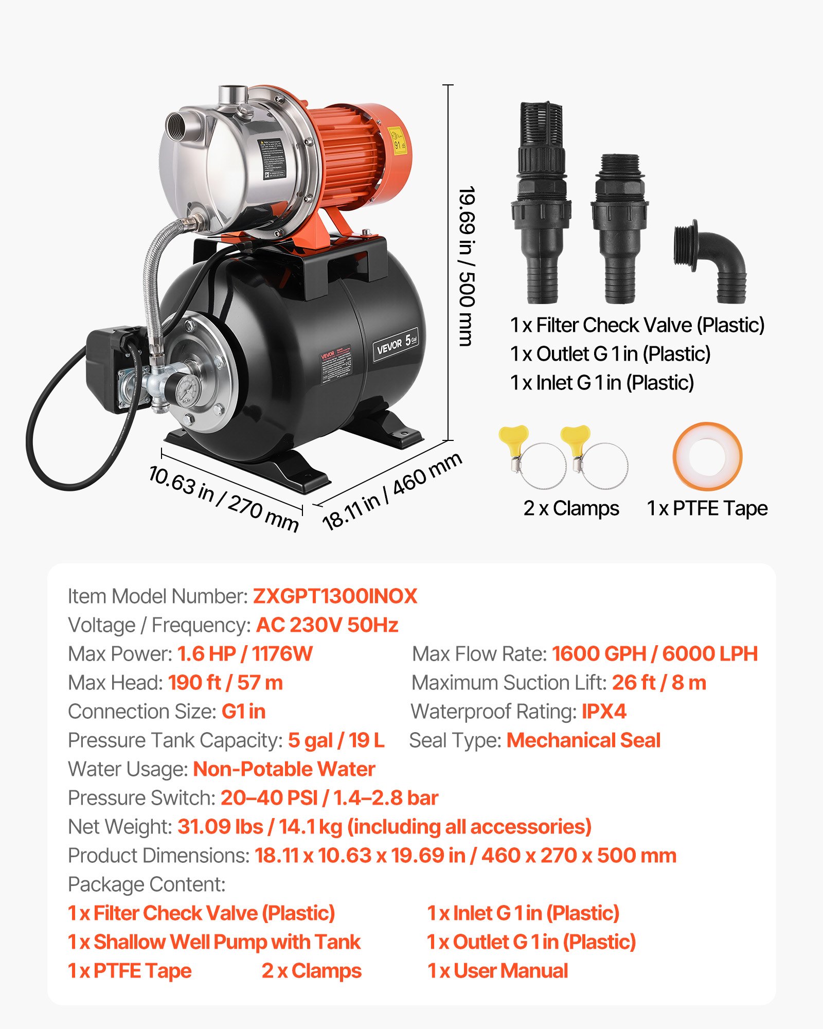 VEVOR 1.6 HP Shallow Well Pump with Pressure Tank, 230V 6000 LPH, Stainless Steel Irrigation Jet Pump with 19 L Tank, Automatic Water Booster System, 1.4-2.8 bar Pressure Switch, for Home Garden Lawn