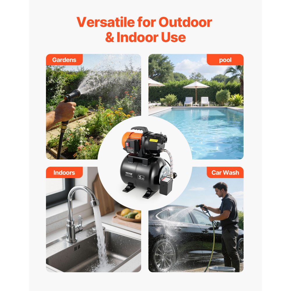 VEVOR Hauswasserwerk 735 W, 3750 L/h Jetpumpe mit 19 L Druckbehälter, 45 m Förderhöhe, inkl. Automatischem Wasserfördersystem & Gusseisenpumpenkopf, zur Gartenbewässerung & Hauswasserversorgung