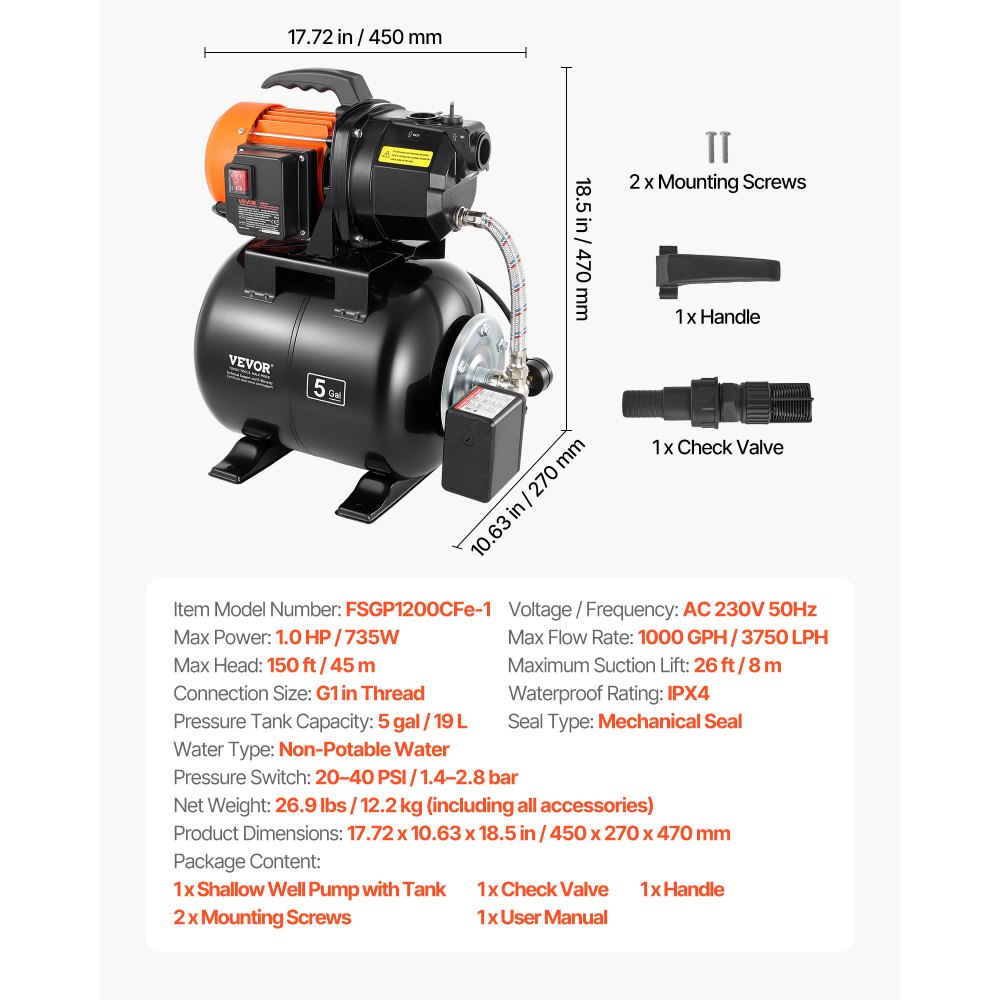 VEVOR Hauswasserwerk 735 W, 3750 L/h Jetpumpe mit 19 L Druckbehälter, 45 m Förderhöhe, inkl. Automatischem Wasserfördersystem & Gusseisenpumpenkopf, zur Gartenbewässerung & Hauswasserversorgung