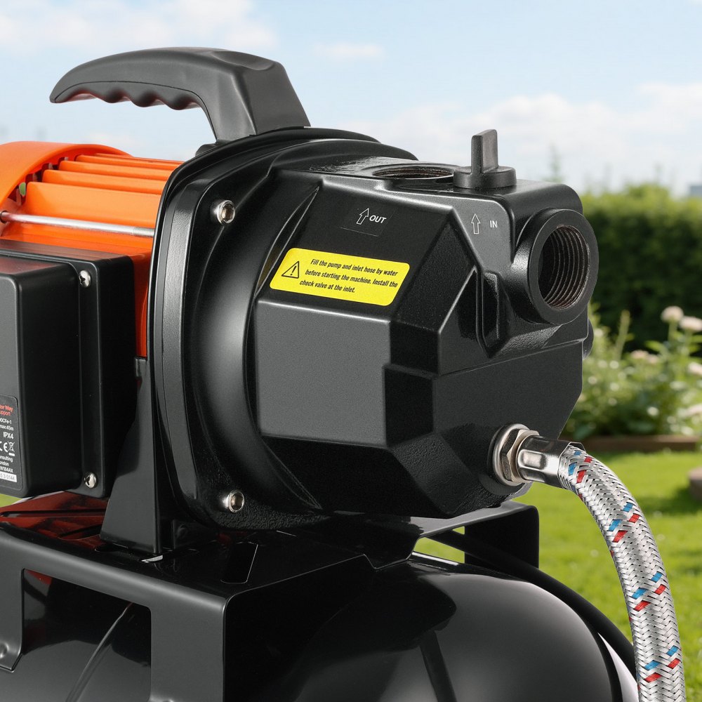 VEVOR Hauswasserwerk 735 W, 3750 L/h Jetpumpe mit 19 L Druckbehälter, 45 m Förderhöhe, inkl. Automatischem Wasserfördersystem & Gusseisenpumpenkopf, zur Gartenbewässerung & Hauswasserversorgung