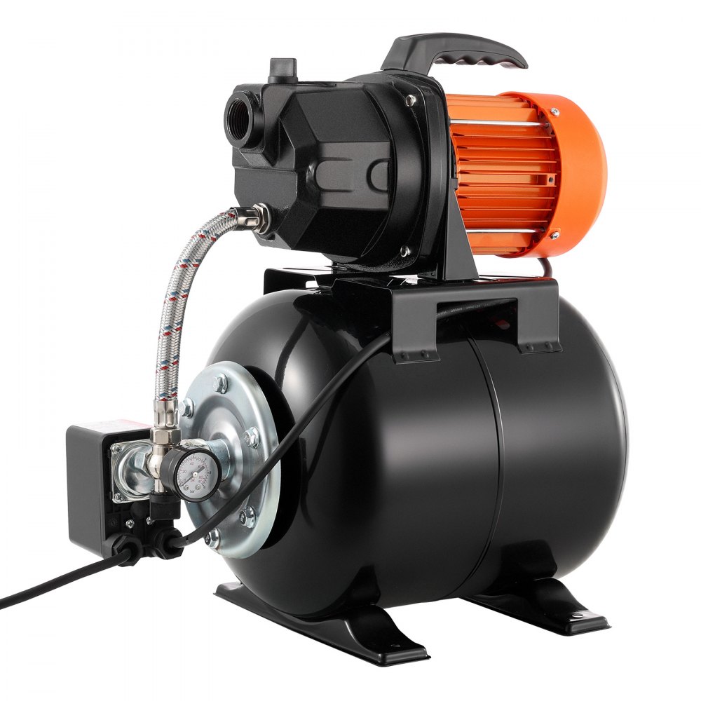 VEVOR Hauswasserwerk 735 W, 3750 L/h Jetpumpe mit 19 L Druckbehälter, 45 m Förderhöhe, inkl. Automatischem Wasserfördersystem & Gusseisenpumpenkopf, zur Gartenbewässerung & Hauswasserversorgung