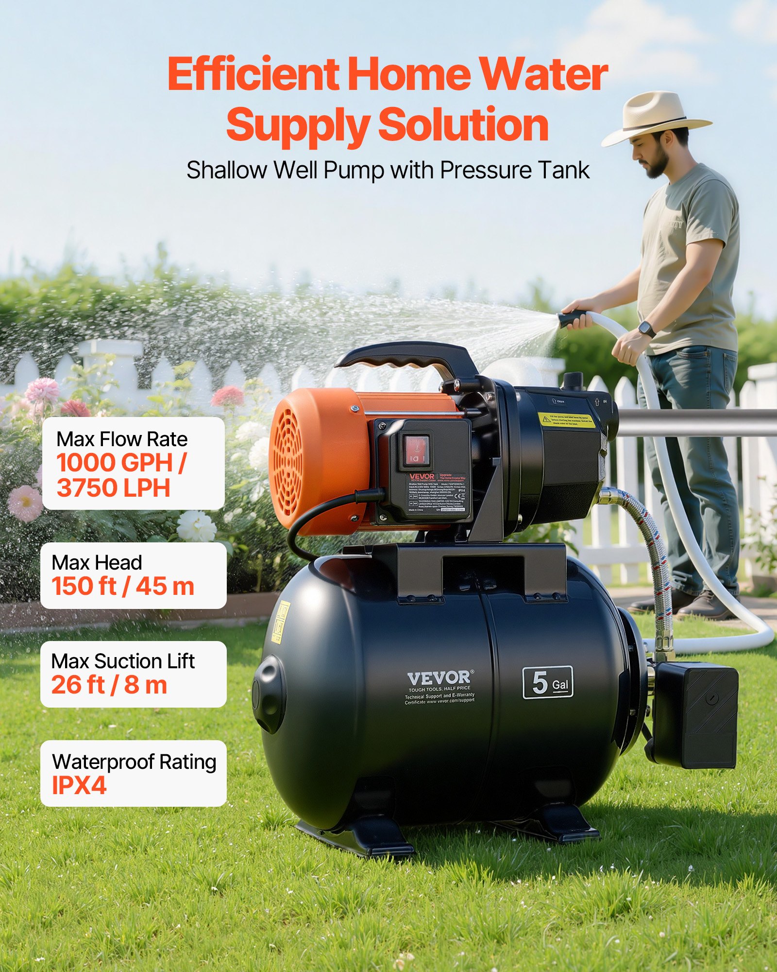 VEVOR Hauswasserwerk 735 W, 3750 L/h Jetpumpe mit 19 L Druckbehälter, 45 m Förderhöhe, inkl. Automatischem Wasserfördersystem & Gusseisenpumpenkopf, zur Gartenbewässerung & Hauswasserversorgung