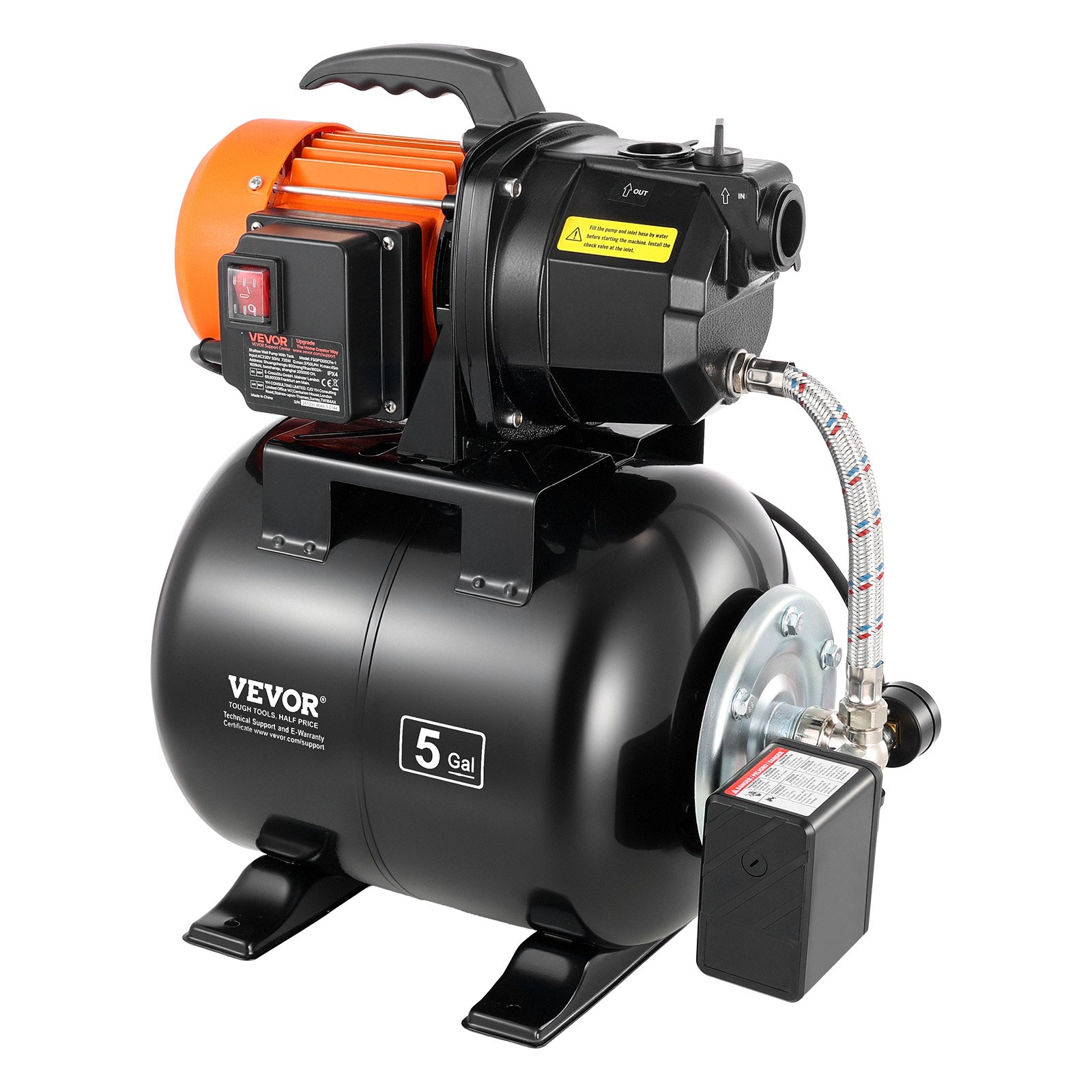 VEVOR Hauswasserwerk 735 W, 3750 L/h Jetpumpe mit 19 L Druckbehälter, 45 m Förderhöhe, inkl. Automatischem Wasserfördersystem & Gusseisenpumpenkopf, zur Gartenbewässerung & Hauswasserversorgung