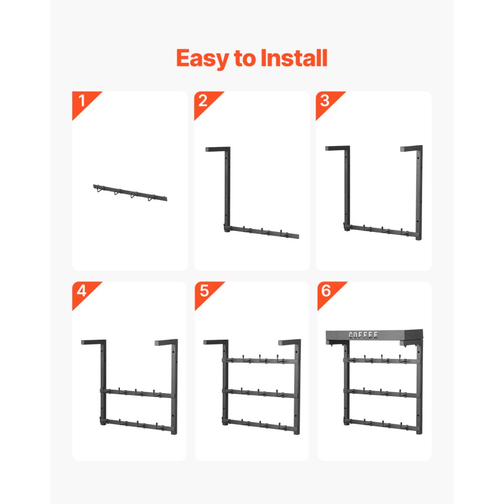 VEVOR Kaffeetassenhalter zur Wandmontage mit 12 beweglichen Haken, Kaffeetassenaufhänger Tassenständer aus Karbonstahl mit oberer Ablage, Tassendisplay für die Küche zu Hause (Mattschwarz)