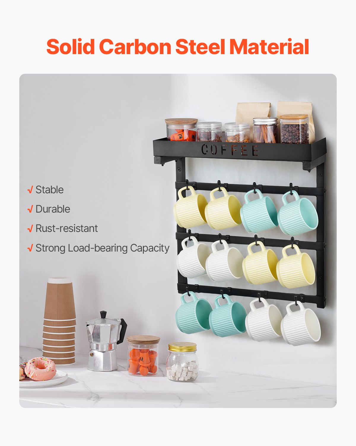 VEVOR Kaffeetassenhalter zur Wandmontage mit 12 beweglichen Haken, Kaffeetassenaufhänger Tassenständer aus Karbonstahl mit oberer Ablage, Tassendisplay für die Küche zu Hause (Mattschwarz)