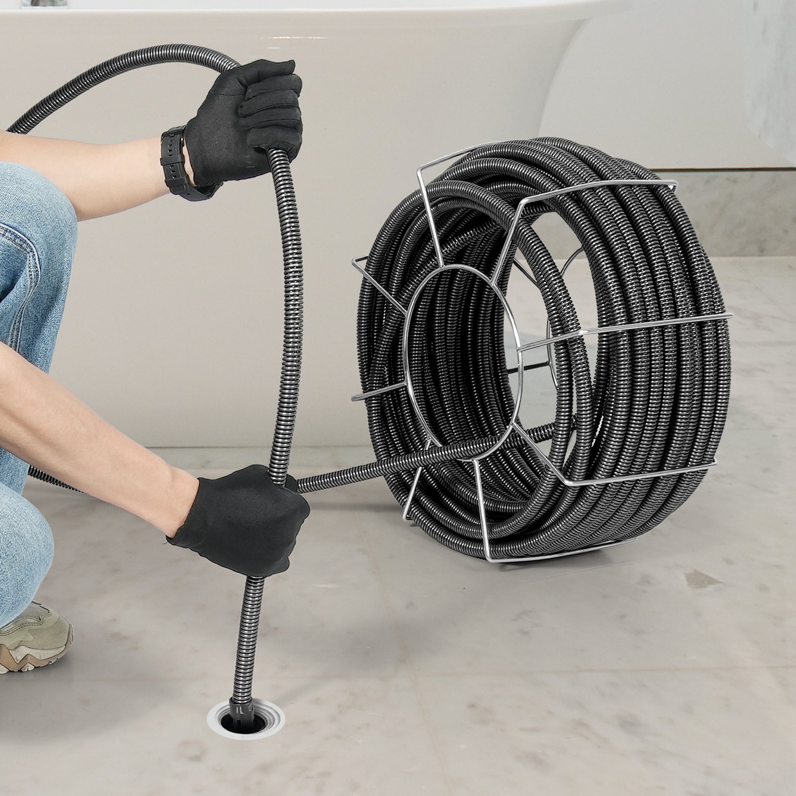 VEVOR Rohrreinigungsspirale 30 m x 19 mm, Rohrreinigungsspirale aus Stahl und 4 Schneidern für Rohre von 100 bis 200 mm, Rohrreinigungsspirale mit innerem Kern für Spüle, Bodenablauf, Toilette