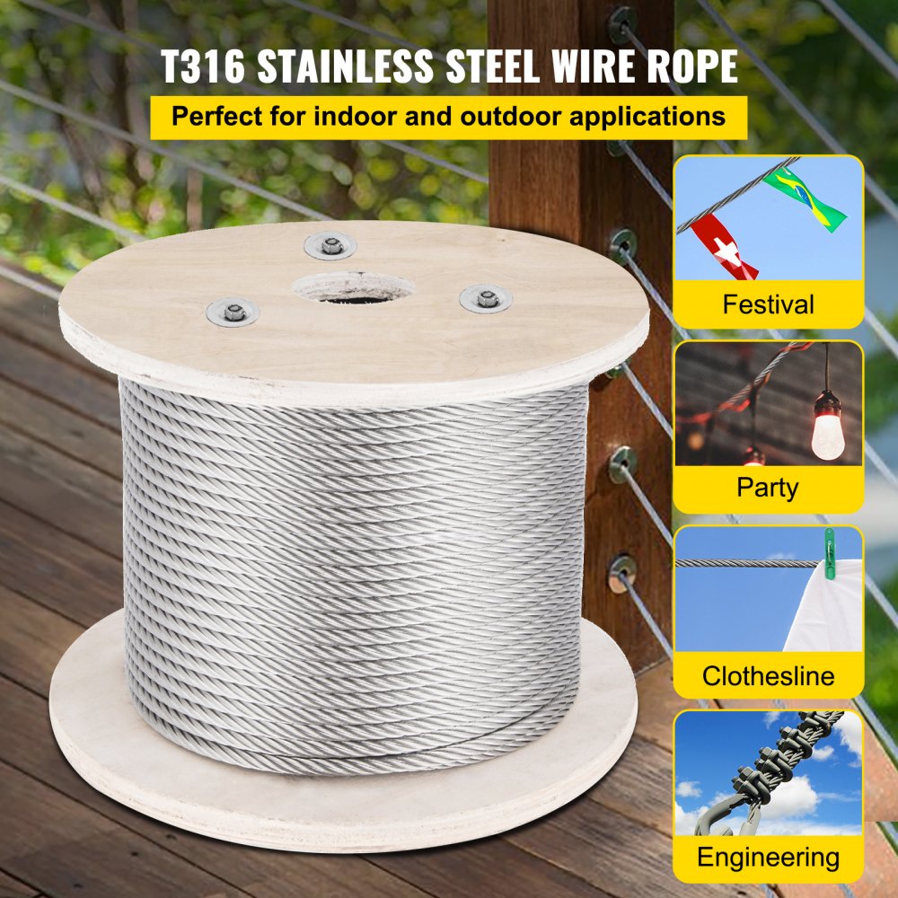 VEVOR 316 stainless steel cable, 152 m long stainless steel wire rope with 4 mm diameter and 1x19 construction, 1496 kg breaking strength steel cable for outdoor railings, terraces, DIY balustrades