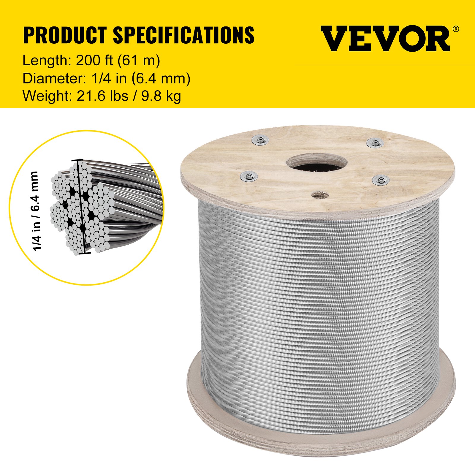 Stainless steel 304 wire rope cable, 1/4", 7x19, 200 feet