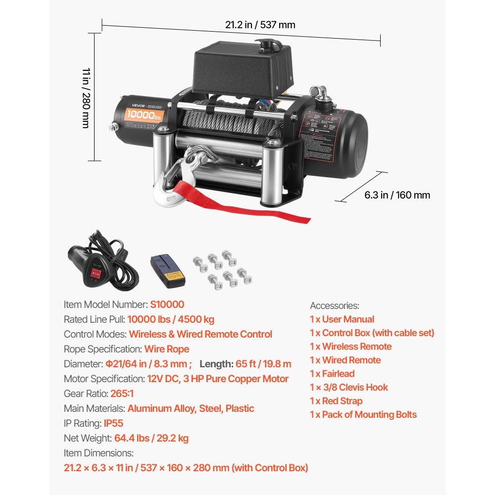VEVOR Elektrische Seilwinde, 4500 kg, 12 V DC LKW-Winde mit Φ 8,3 mm x 19,8 m Stahlseil, kabellose & kabelgebundene Fernbedienung, IP55 zum Abschleppen von SUV, Jeep, Anhänger, Boot, Geländewagen