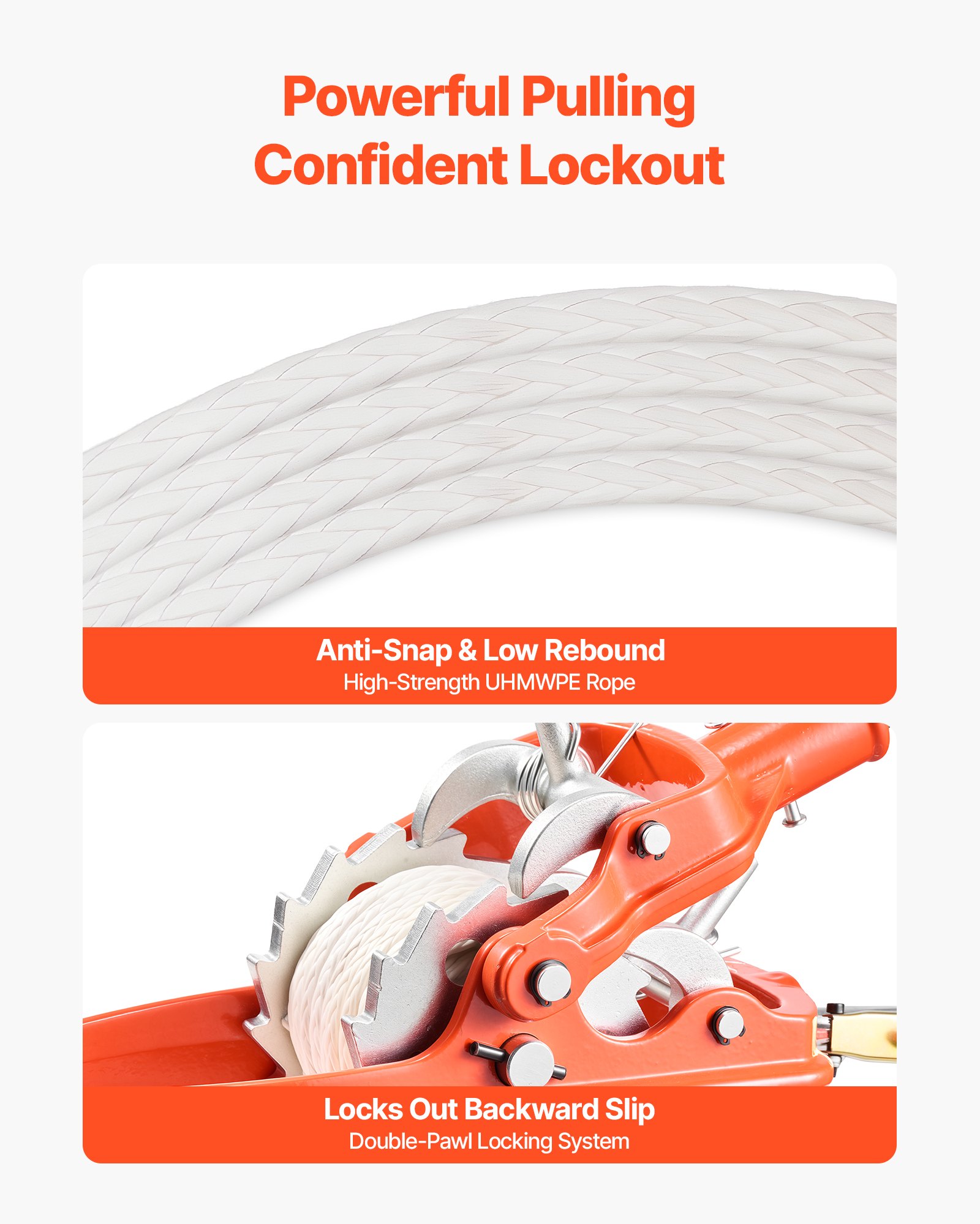 VEVOR Handseilwinde 3T Tragkraft, Handseilzug aus Stahlguss mit 2 Sicherheitslasthaken 10,6 m Seil aus Polyester Handgriff & 2 Ratsche, Rücklaufsicher Handhebelseilzug für Werkstatt Garage Anhänger