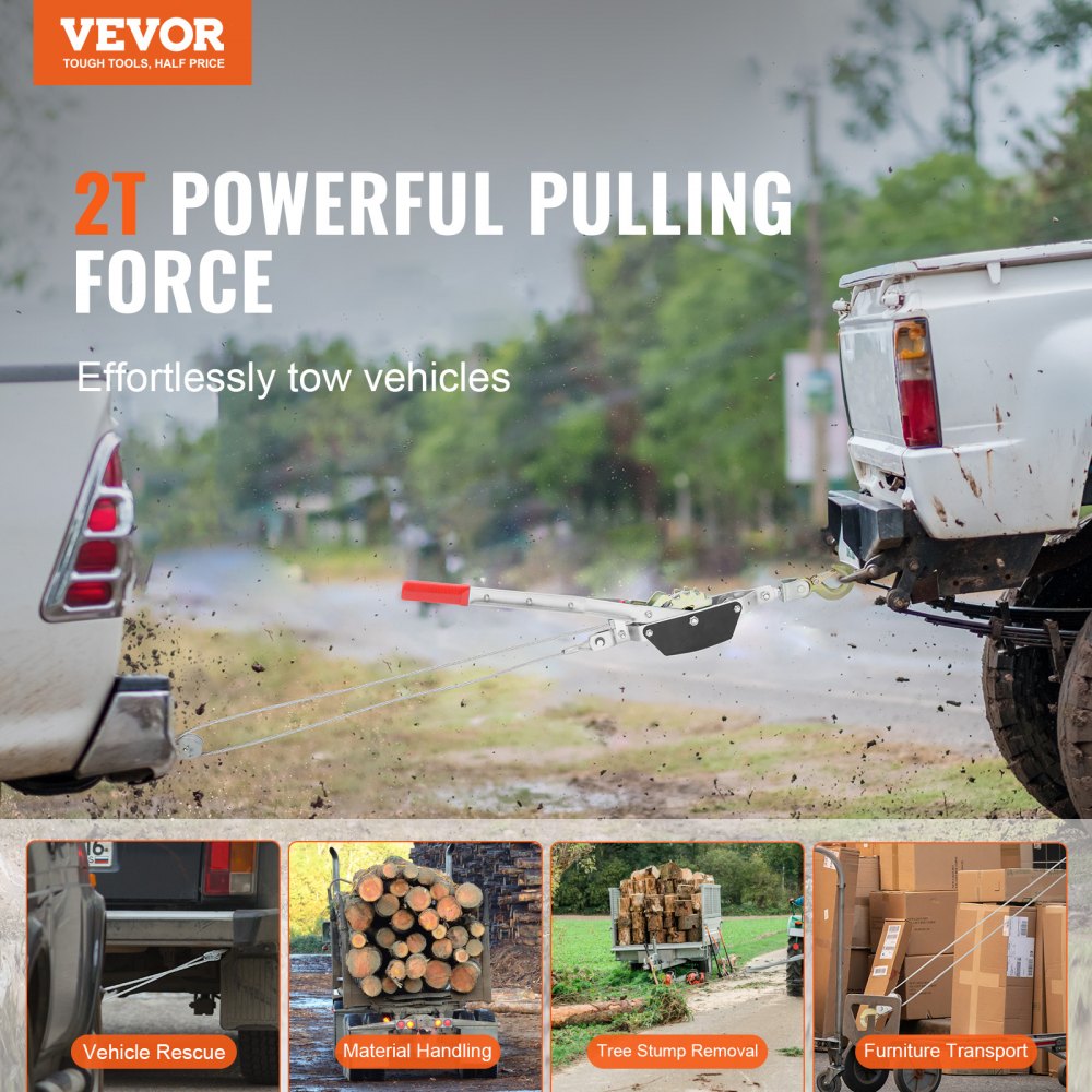 VEVOR Hand Lever Rope Winch, 2 Tons (4,409 lbs) Pulling Force, 3.7 m Steel Cable, 2 Hooks, Heavy-Duty Ratchet Hand Winch with Dual Gearbox, Pulley System, Ideal for Vehicle Rescue