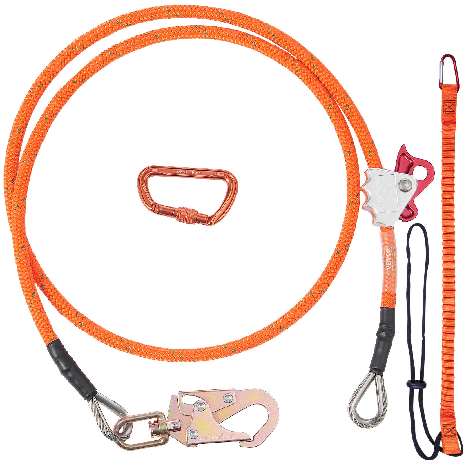 VEVOR Flipline mit 16 mm Stahlkern, 2,4 m lange Arborist-Flipline zum Baumklettern mit Karabinerhaken aus legiertem Stahl und Karabiner aus Aluminiumlegierung, 41 kN Bruchfestigkeit Orange