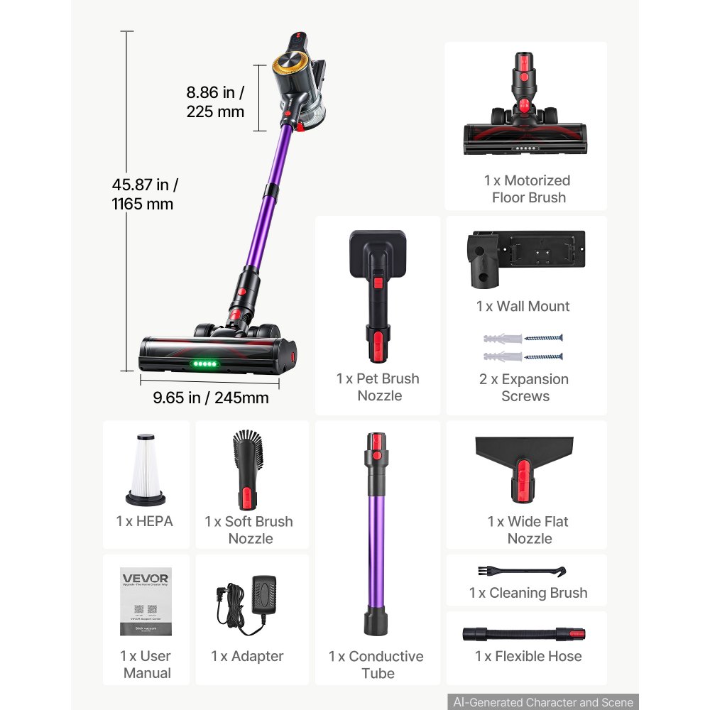 VEVOR Akku-Staubsauger 500W 50kPa Stielstaubsauger Handstaubsauger Kabellos, für Hartböden Teppiche & Tierhaare im Haushalt 2200-mAh-Akku 45 Min. Laufzeit HEPA-Filtersystem 3 Reinigungsmodi LED-Display