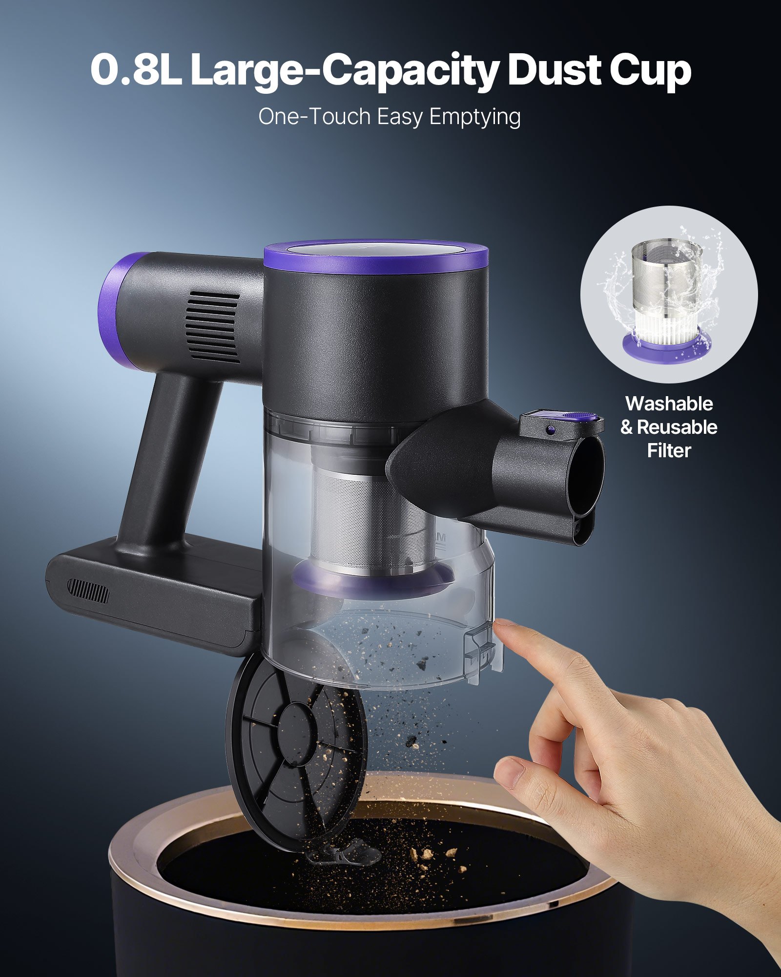 VEVOR kabelloser Staubsauger 25 kPa max. Saugleistung, wiederaufladbarer Stabstaubsauger mit Staubbehälter, leichter Handstaubsauger mit 35 Min. Laufzeit für Teppich Tierhaare Hartböden