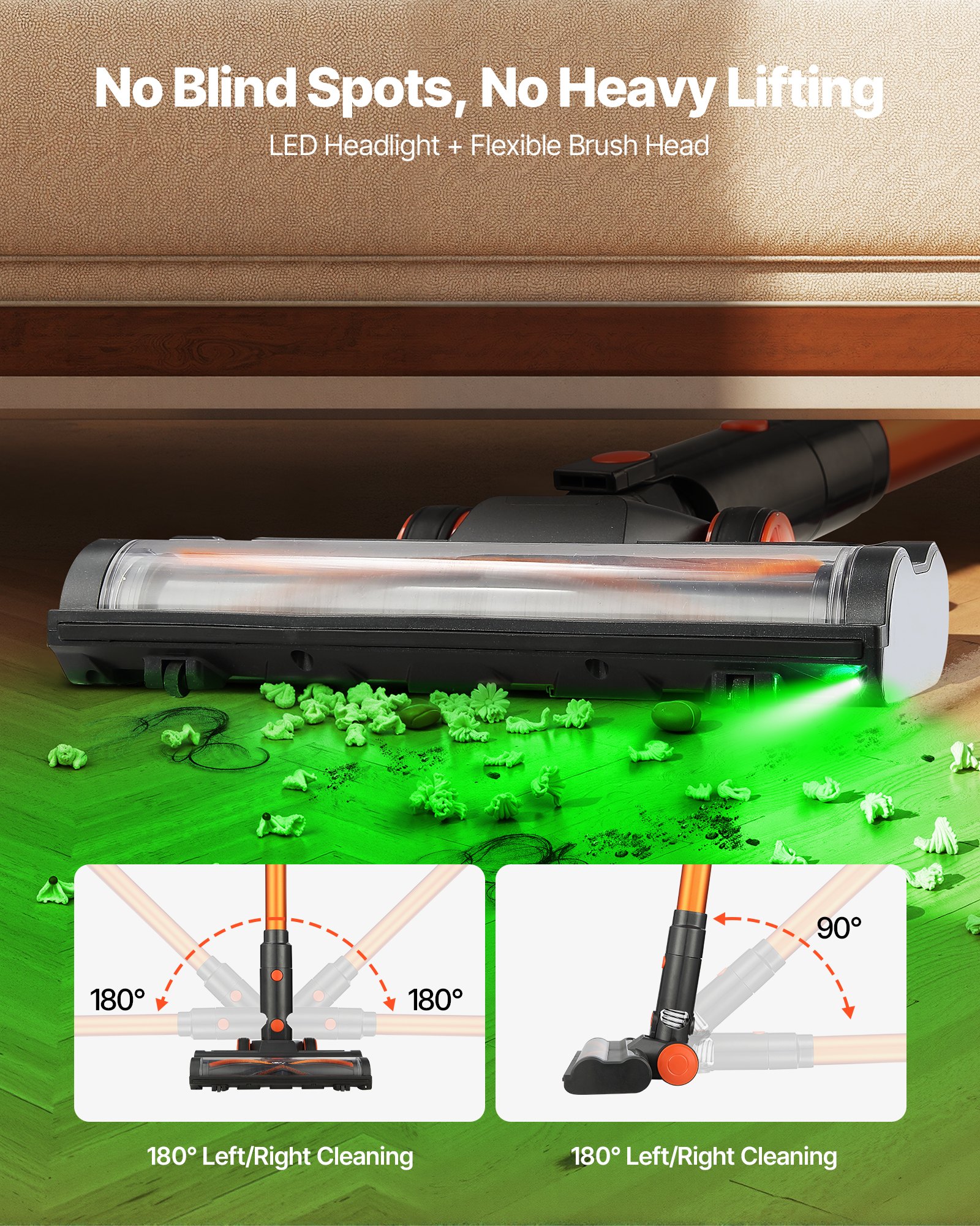 VEVOR Cordless Vacuum Cleaner, 40KPA Max Suction, Rechargeable Anti-Tangle Stick Vacuum with LED Display Screen, Lightweight Handheld Vac with 47mins Runtime for Home, Carpet, Pet Hair, Hard Floor