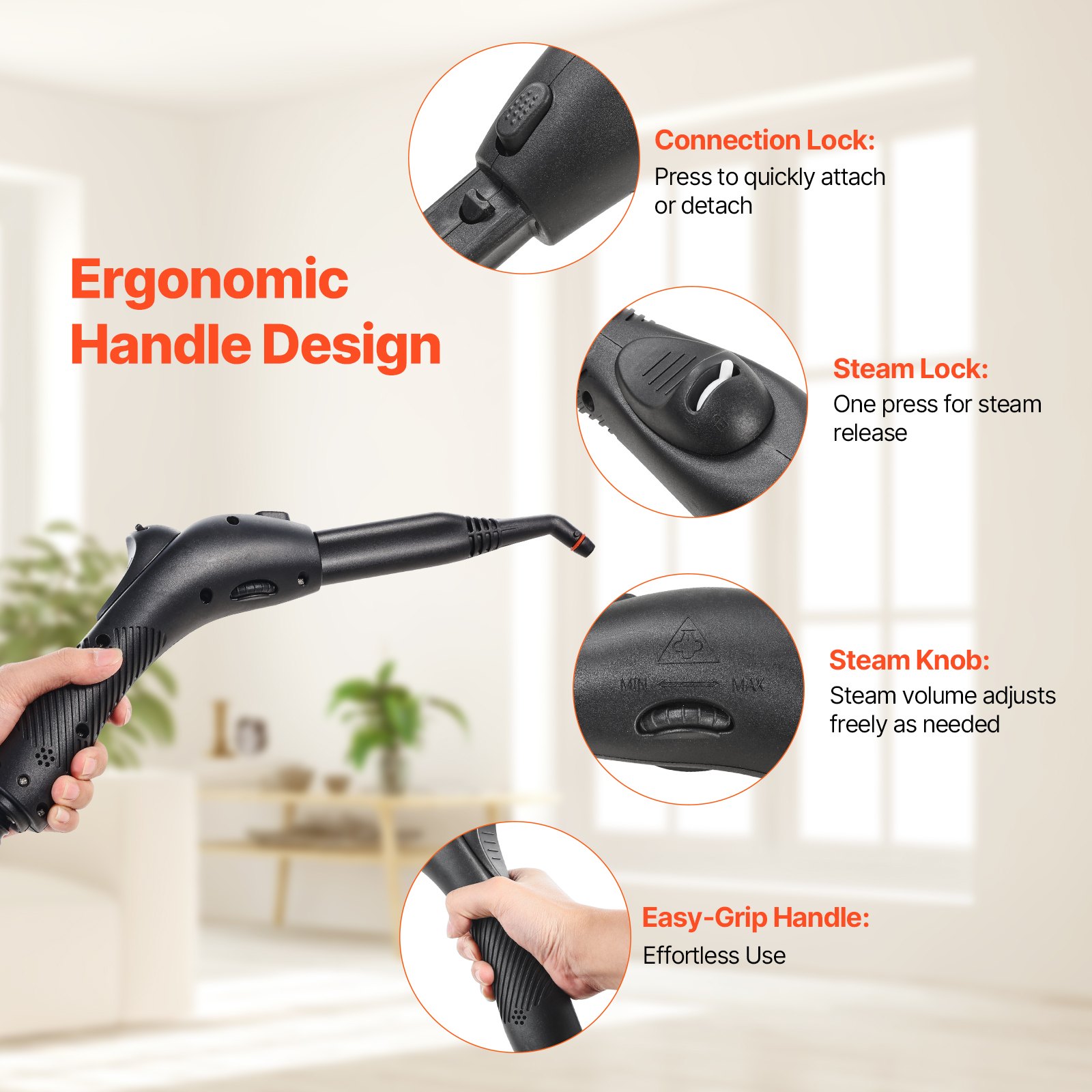 VEVOR Steam Cleaner Multi-Purpose Steam Cleaner with 27 Accessories, Steam Cleaning with 1.5 m Extra-Long Power Cord, 1.5 L Tank and Portable Handle, for Grout, Tiles, Floors, Appliances, Home, Car