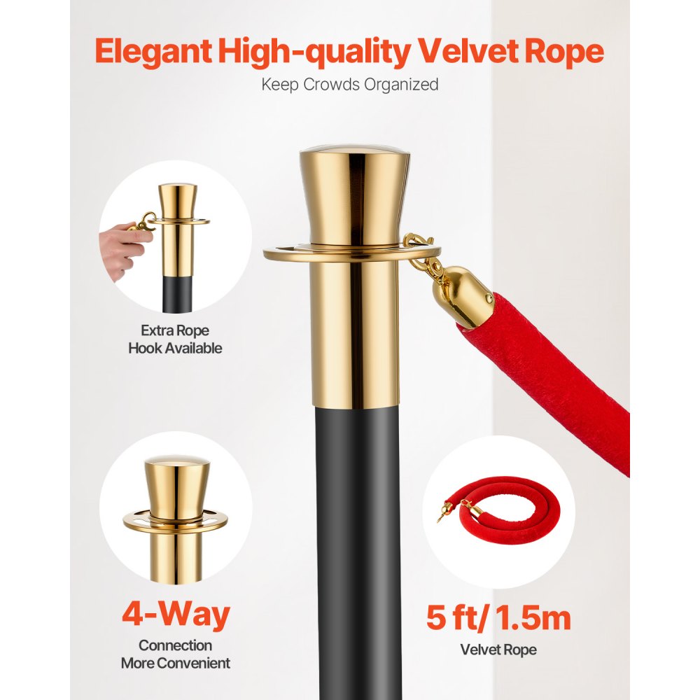 VEVOR Crowd Control Bollards (6 pcs) with 4 red velvet ropes (1.5 m long), stainless steel stanchions with refillable base for exhibitions, black