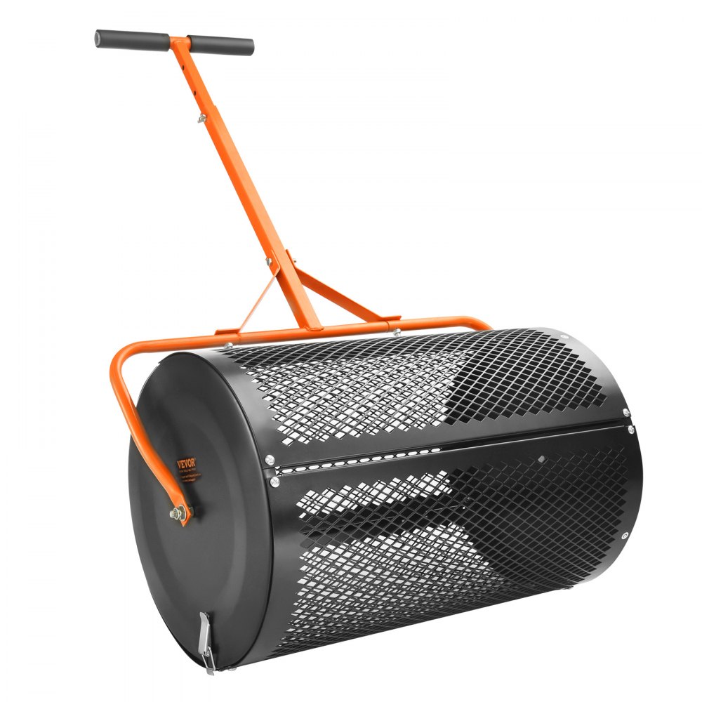 VEVOR Kompoststreuer und Torfstreuer, 61 cm Rasenstreuer mit Walze und höhenverstellbarem T-förmigem Griff, Gartenstreuer mit Stahlgitterkorb und seitlichen Verriegelungen, zum Ausbringen von Mist und Mutterboden, schwarz