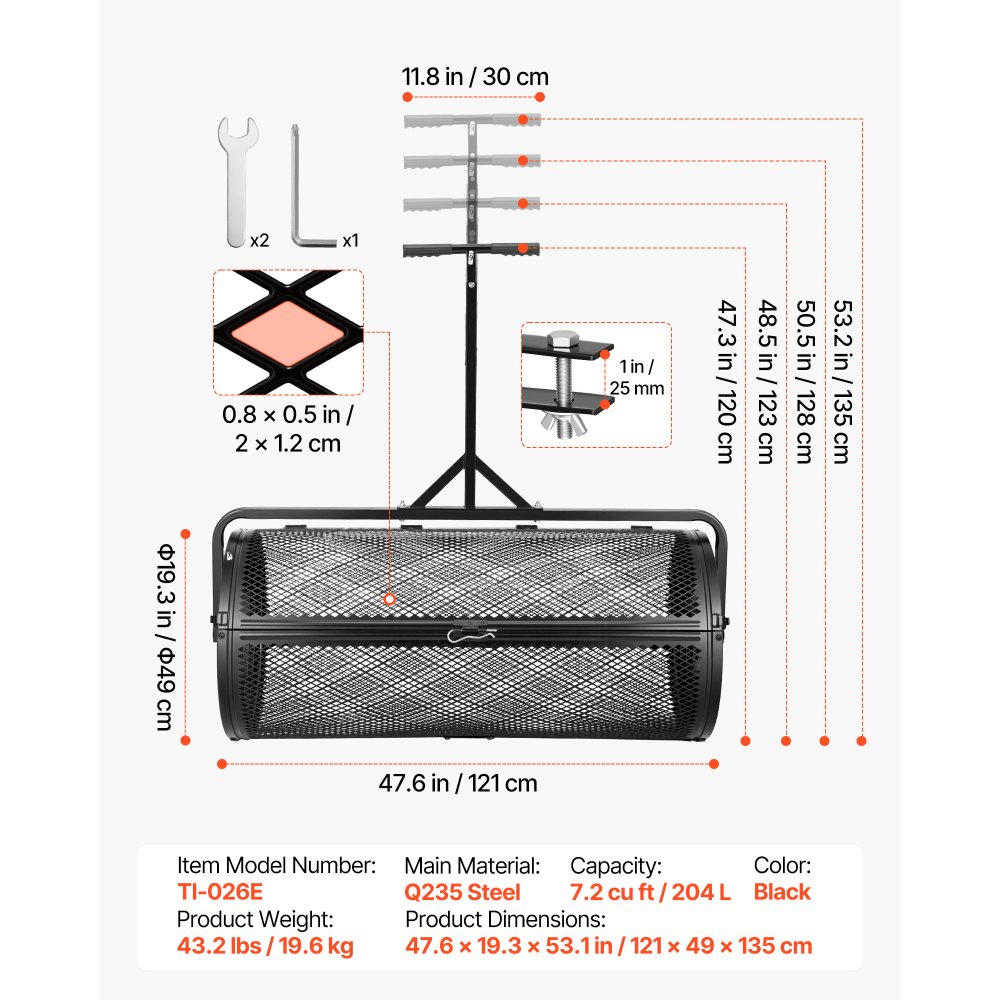 VEVOR Kompoststreuer 204 L, 112 cm Torfstreuer mit Schiebe-/Ziehgriff, Torfmoosstreuer 4-Fach Höhenverstellbar, Pulverbeschichtete Stahl-Kompostrolle, Miststreuer zum Pflanzen & Aussäen, Schwarz