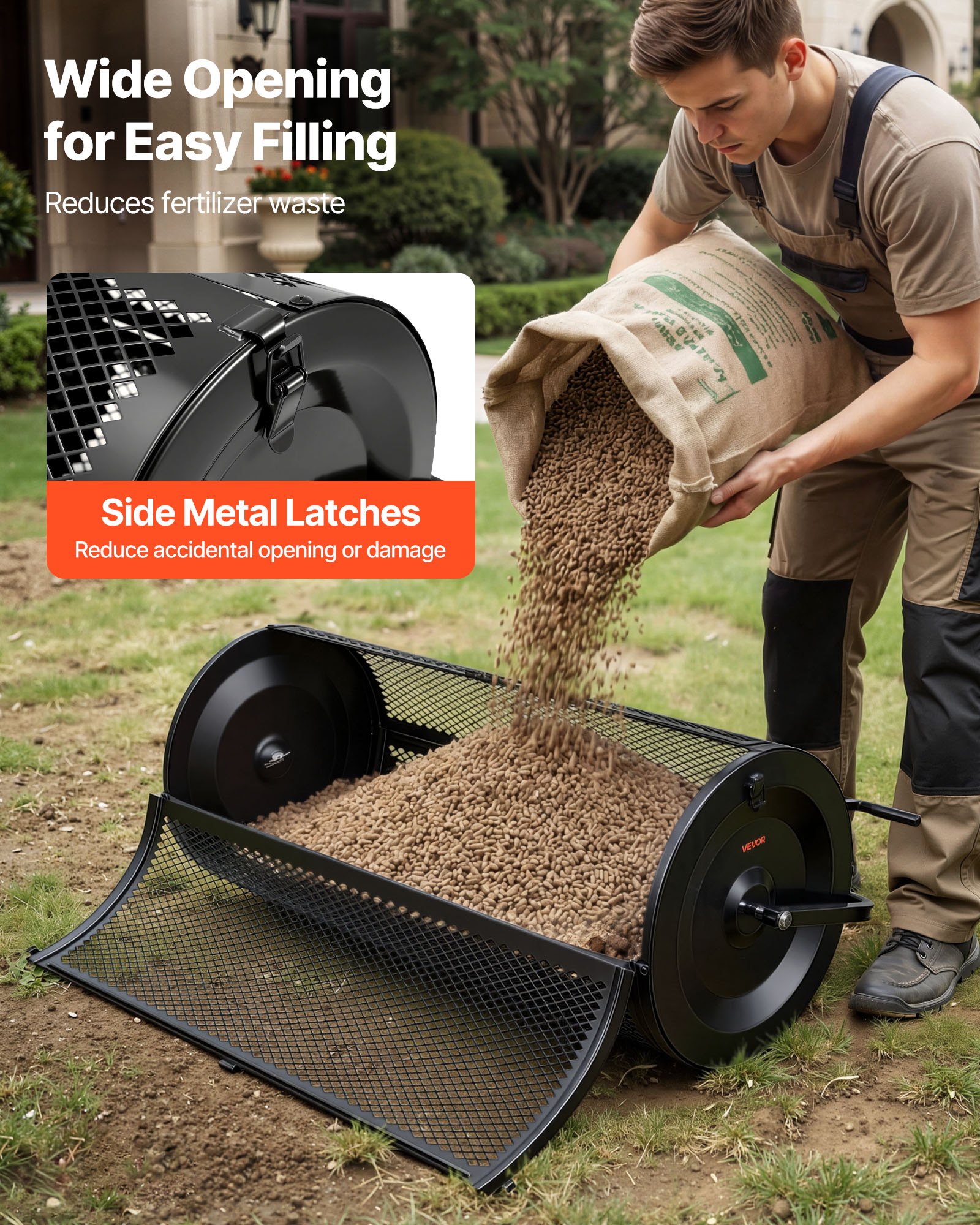 VEVOR Kompoststreuer 204 L, 112 cm Torfstreuer mit Schiebe-/Ziehgriff, Torfmoosstreuer 4-Fach Höhenverstellbar, Pulverbeschichtete Stahl-Kompostrolle, Miststreuer zum Pflanzen & Aussäen, Schwarz