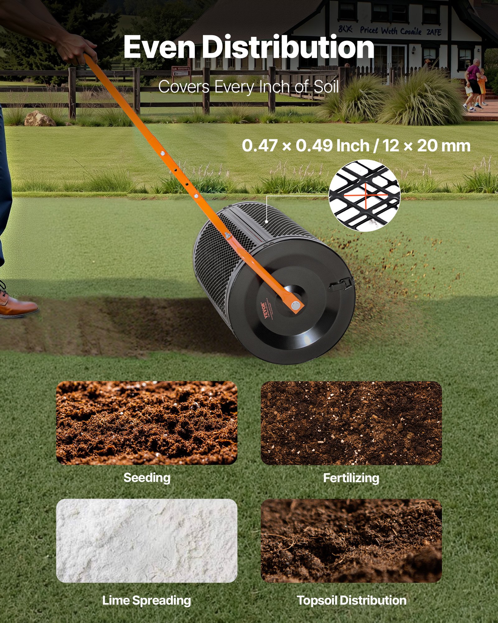 VEVOR Saatgutstreuer, 67 cm breiter Kompoststreuer mit T-Griff, Torfmoosstreuer 3 Höhen verstellbar, pulverbeschichteter Gartenstreuer aus Stahl, robuster Düngestreuer zum Pflanzen und Säen