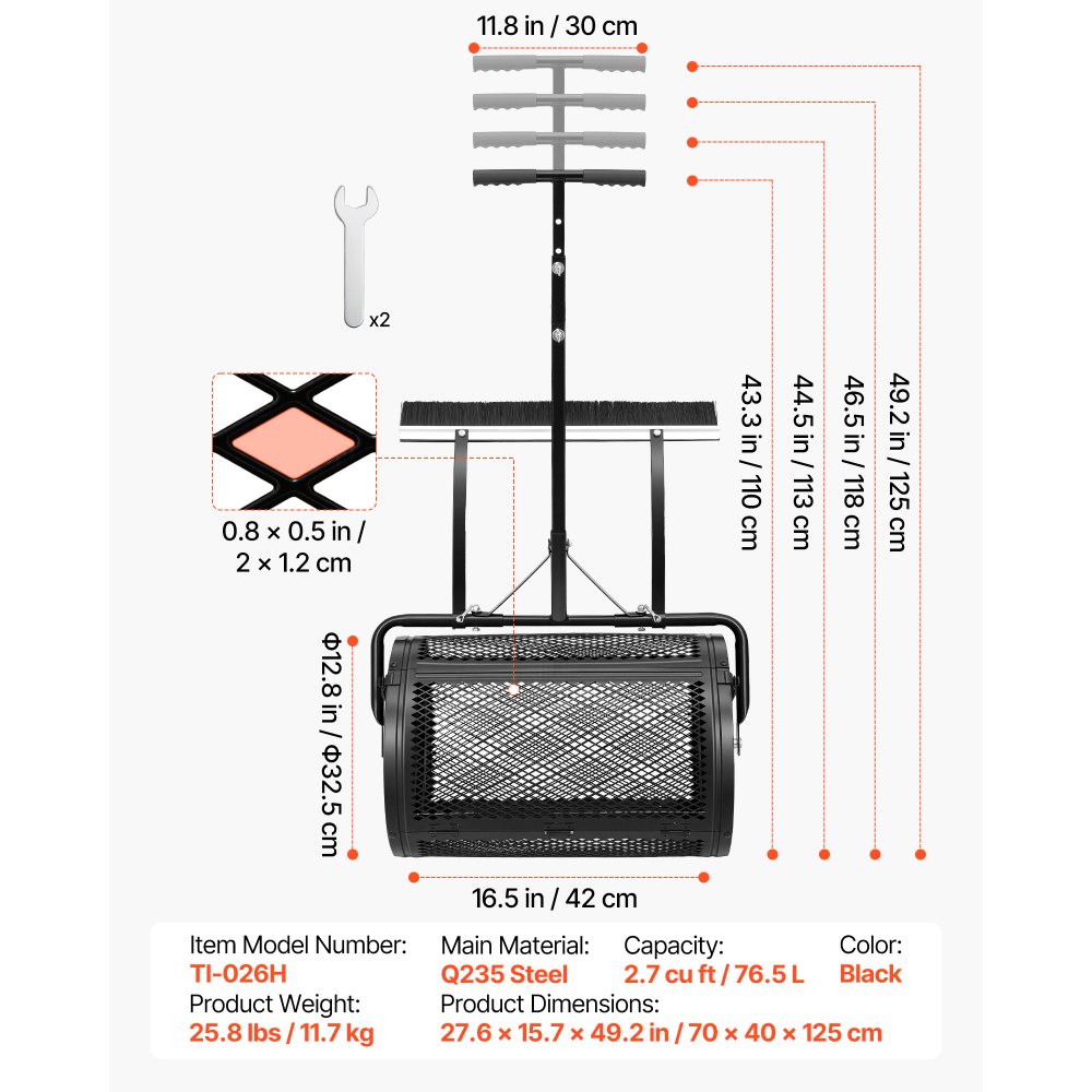 VEVOR Kompoststreuer 76,5 L, 61 cm Torfstreuer mit Schiebe-/Ziehgriff, Torfmoosstreuer 4-Fach Höhenverstellbar, Pulverbeschichtete Stahl-Kompostrolle, Miststreuer zum Pflanzen & Aussäen, Schwarz