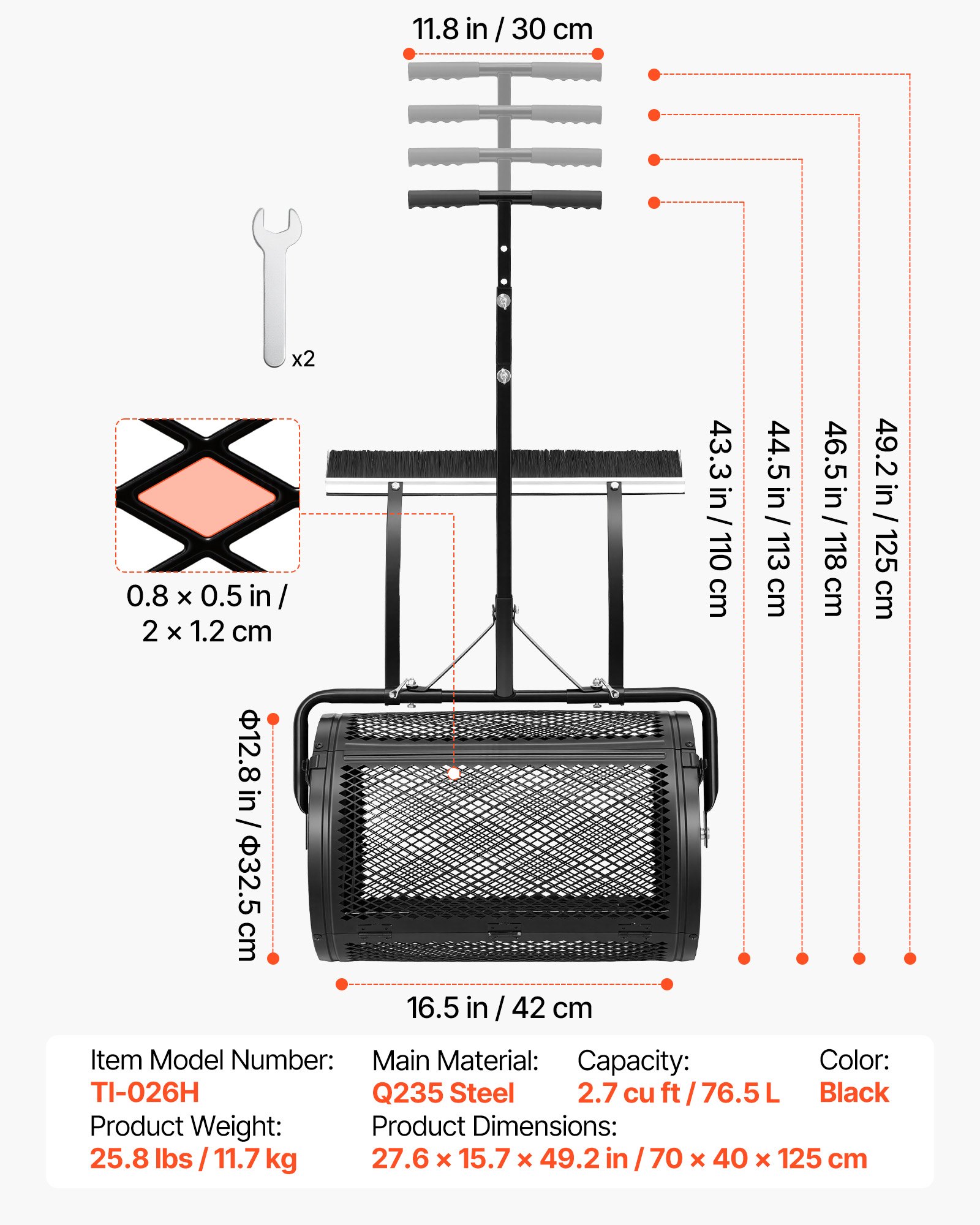 VEVOR Kompoststreuer 76,5 L, 61 cm Torfstreuer mit Schiebe-/Ziehgriff, Torfmoosstreuer 4-Fach Höhenverstellbar, Pulverbeschichtete Stahl-Kompostrolle, Miststreuer zum Pflanzen & Aussäen, Schwarz