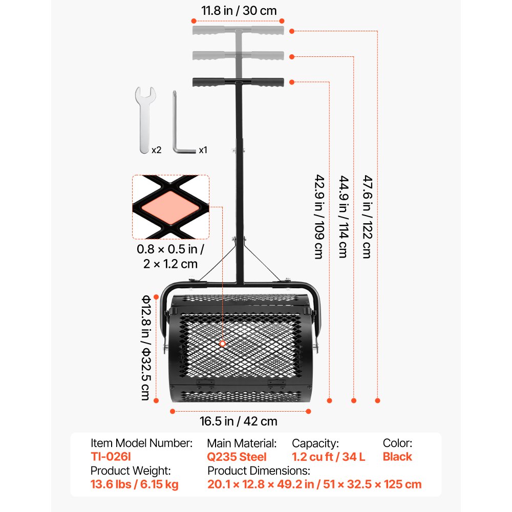VEVOR Kompoststreuer 34 L, 42 cm Breiter Torfstreuer mit T-förmigem Griff, Torfmoosstreuer 3-Fach Höhenverstellbar, Pulverbeschichtete Stahl-Kompostrolle, Miststreuer zum Pflanzen & Aussäen, Schwarz