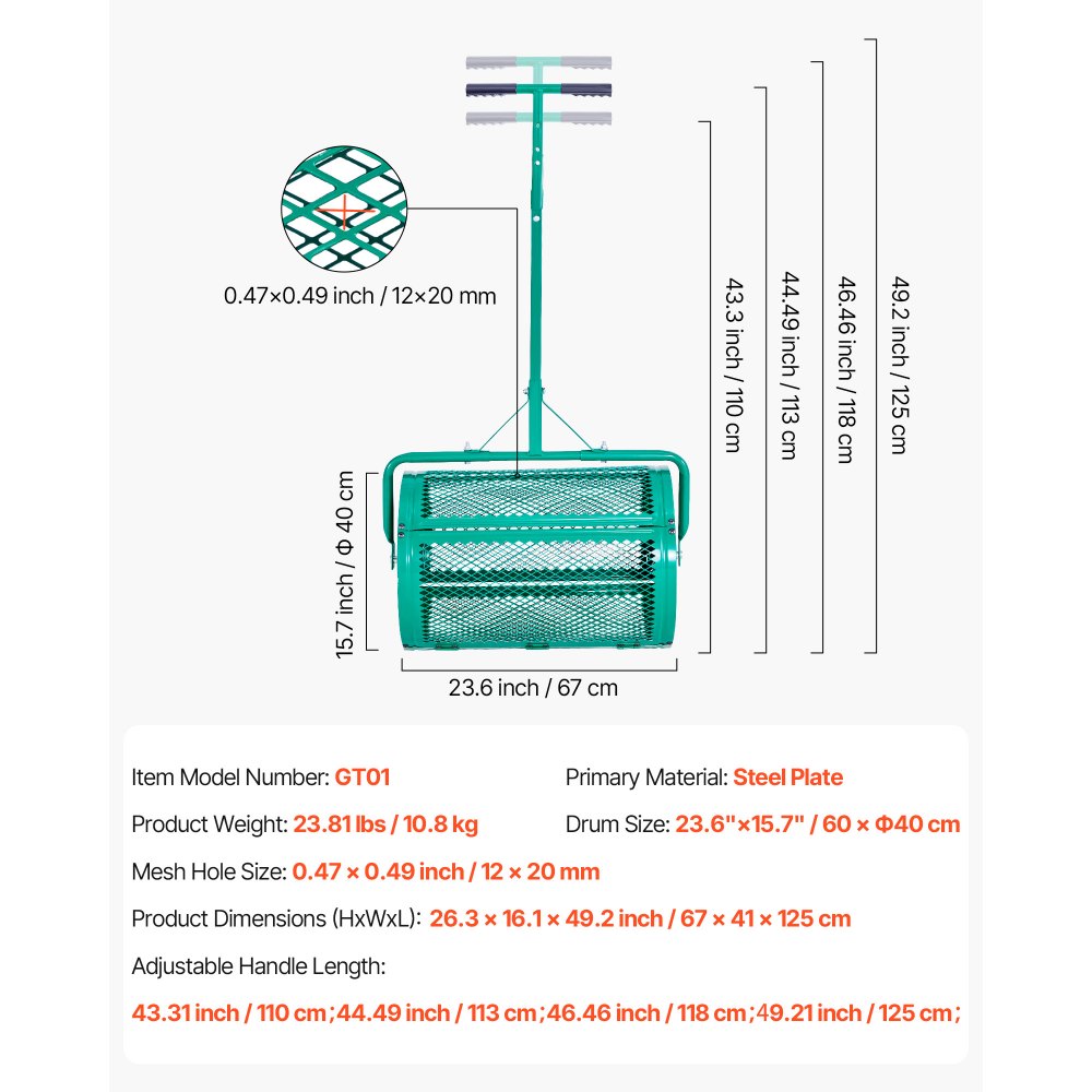 VEVOR Saatgutstreuer, 67 cm breiter Kompoststreuer mit Schiebe-/Schleppgriff, Torfmoosstreuer 4 Höhen verstellbar, Gartenstreuer für Garten, robuster Grassamenstreuer zum Pflanzen & Säen