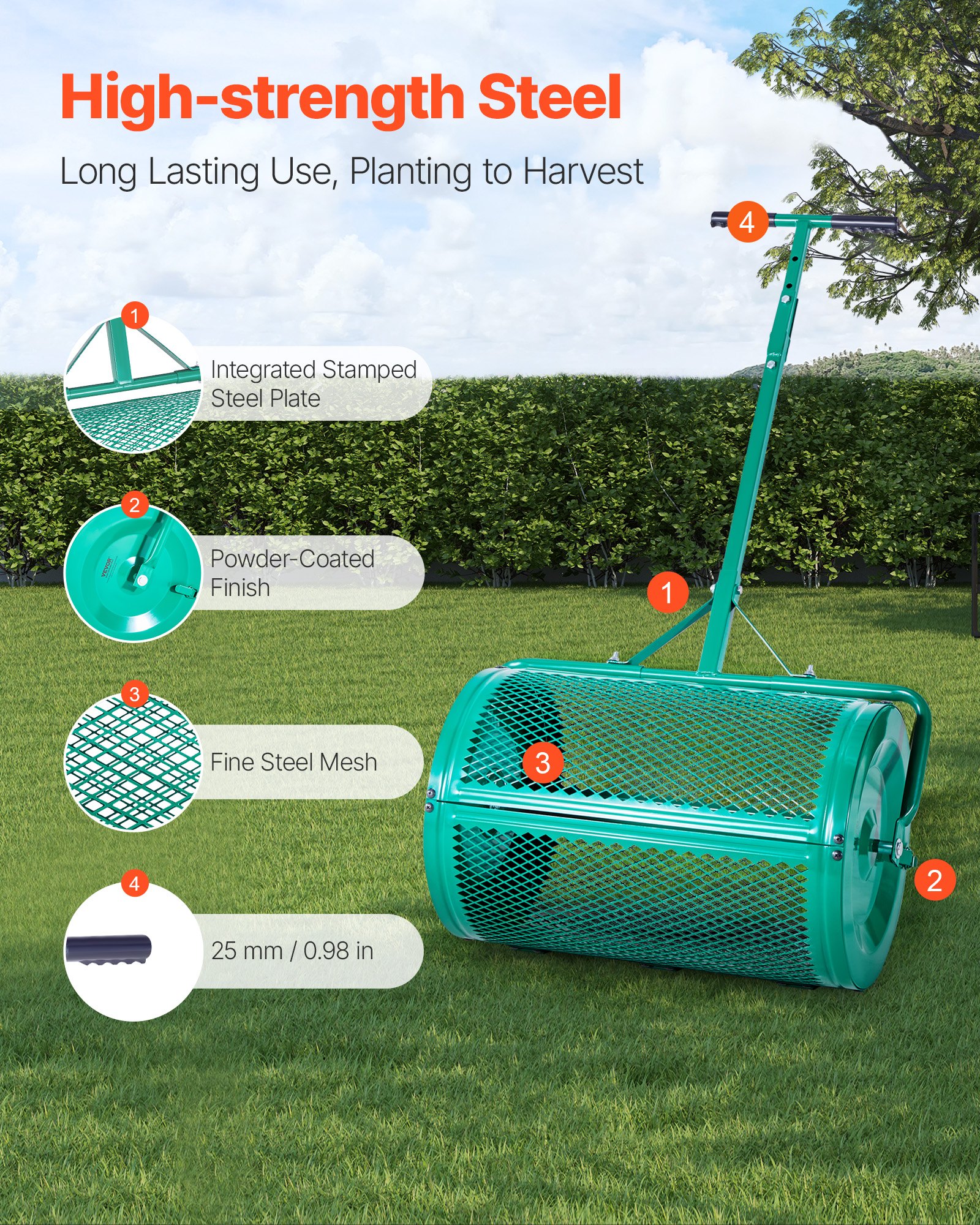 VEVOR Saatgutstreuer, 67 cm breiter Kompoststreuer mit Schiebe-/Schleppgriff, Torfmoosstreuer 4 Höhen verstellbar, Gartenstreuer für Garten, robuster Grassamenstreuer zum Pflanzen & Säen