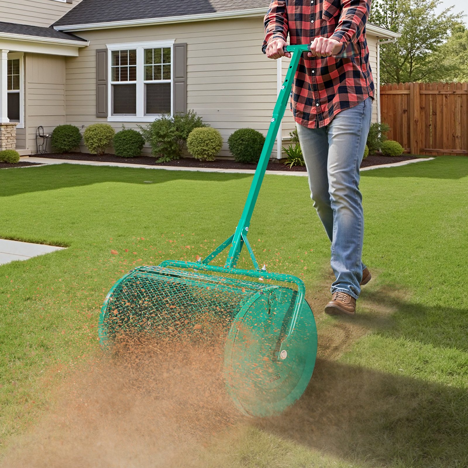 VEVOR Saatgutstreuer, 67 cm breiter Kompoststreuer mit Schiebe-/Schleppgriff, Torfmoosstreuer 4 Höhen verstellbar, Gartenstreuer für Garten, robuster Grassamenstreuer zum Pflanzen & Säen