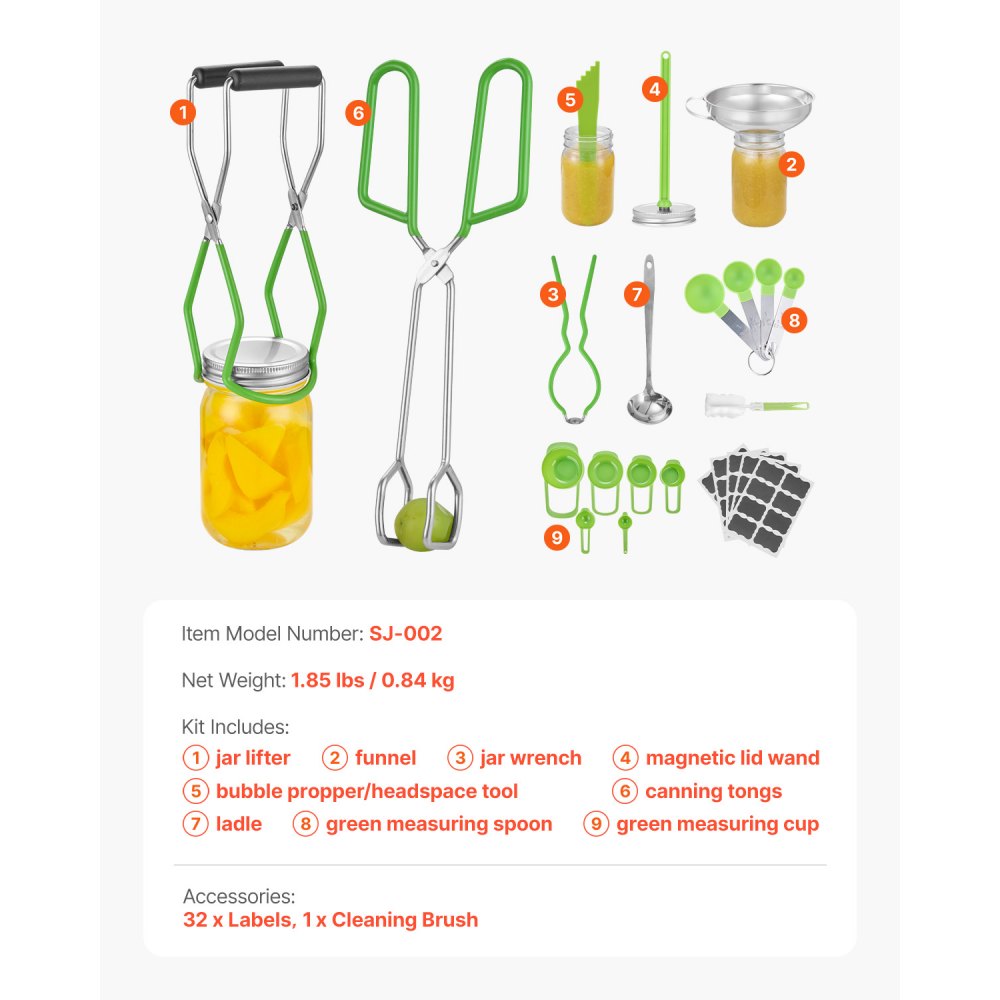 VEVOR Einmachzubehör Starter-Kit 9-teiliges Einmachwerkzeug-Set im Wasserbad für Anfänger (Schöpfkelle, Messlöffel, Messerbecher, Trichter, Zange, magnetischer Glasheber, Glasschlüssel)