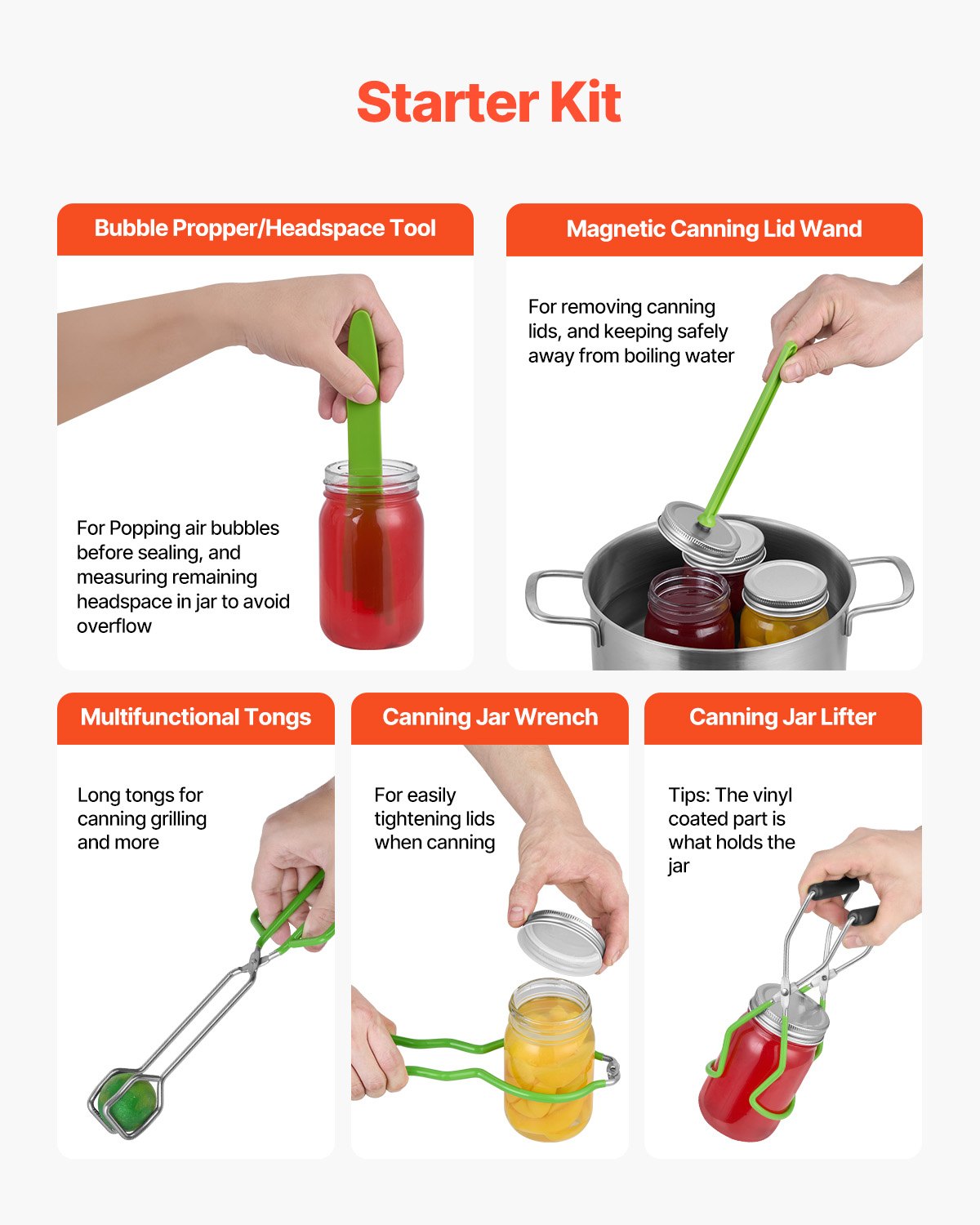 VEVOR Einmachzubehör Starter-Kit 9-teiliges Einmachwerkzeug-Set im Wasserbad für Anfänger (Schöpfkelle, Messlöffel, Messerbecher, Trichter, Zange, magnetischer Glasheber, Glasschlüssel)