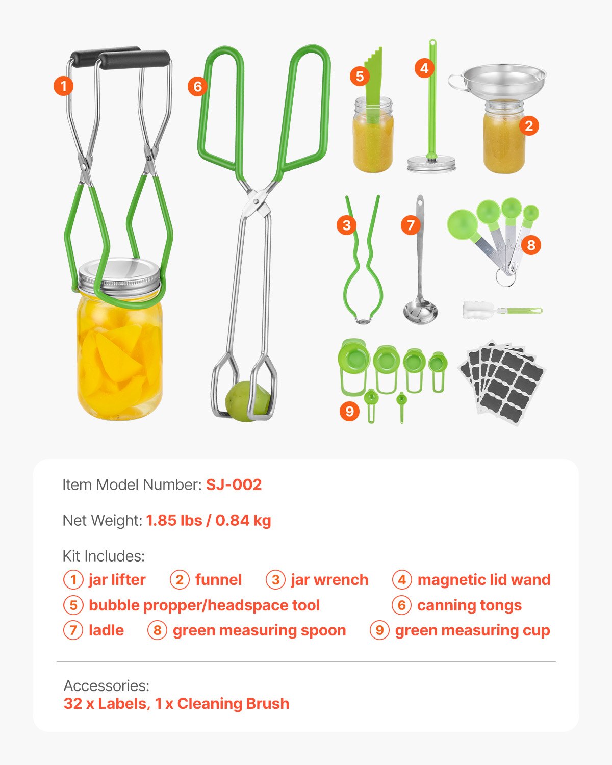 VEVOR Einmachzubehör Starter-Kit 9-teiliges Einmachwerkzeug-Set im Wasserbad für Anfänger (Schöpfkelle, Messlöffel, Messerbecher, Trichter, Zange, magnetischer Glasheber, Glasschlüssel)