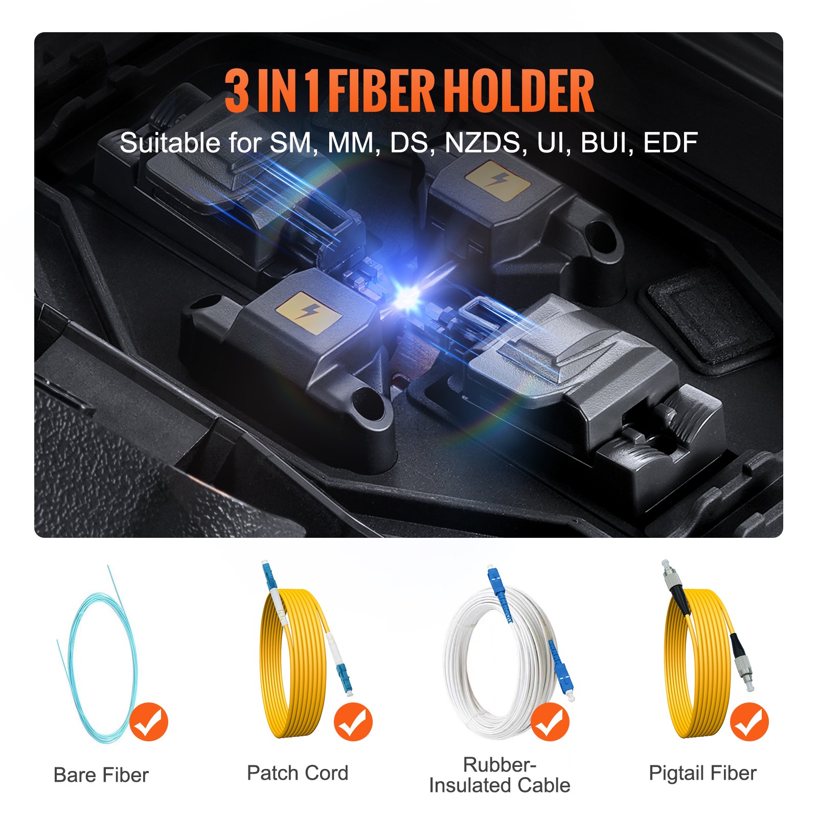 VEVOR Glasfaser-Spleißgerät mit 6 Motoren, Kernausrichtung, 6 s Spleißen & 13 s Aufheizen, Glasfaser-Spleißgerät mit 5-Zoll-LCD-Bildschirm, 3-in-1-Faserhalter, 7800 mAh Akku für SM MM DS NZDS-Faser