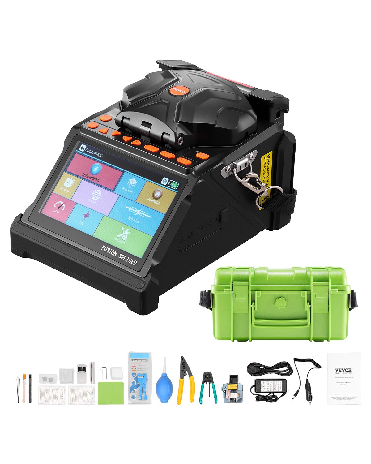 VEVOR Glasfaser Spleißgerät, 6 Motoren, Kern- & Mantelausrichtung, mit 6 s schnellem Spleißen & 13 s Aufheizzeit, 5-Zoll-LCD-Bildschirm, 3-in-1-Faserhalter, 7800 mAh Akku für SM MM DS NZDS-Fasern