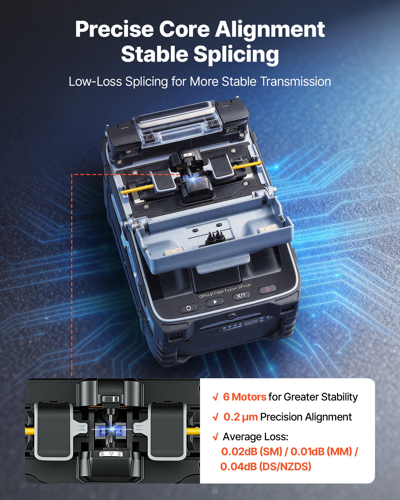 VEVOR Glasfaser-Spleißgerät LWL-Spleißgerät 6 Motoren 0,2µm Kernausrichtung, Fusionsspleißgerät mit VFL OPM für SM MM DS NZDS, 6s Spleißen, 15s Heizung, 5 Zoll Touchscreen, 3-in-1 Faserhalter, 7800mAh