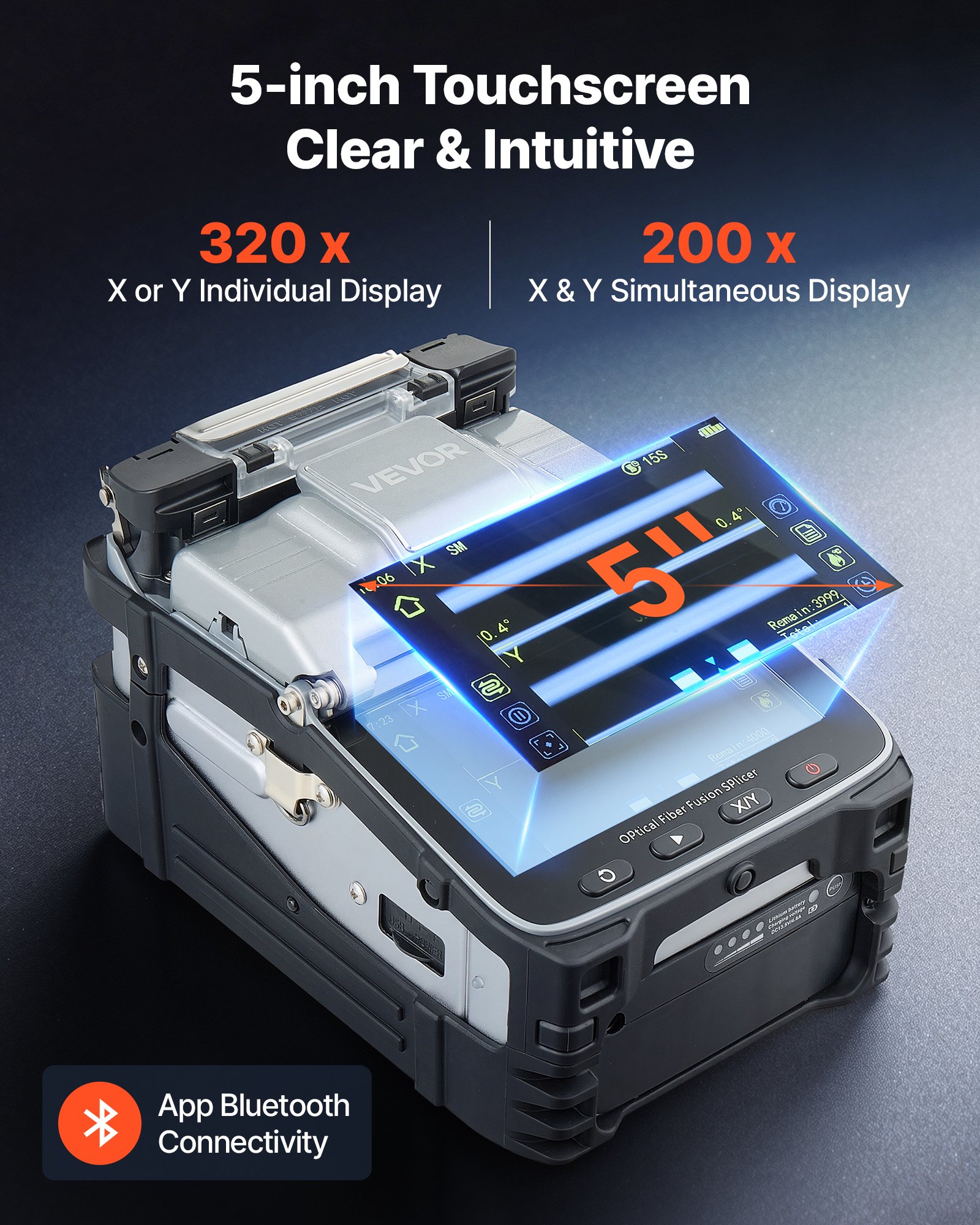 VEVOR Glasfaser-Spleißgerät LWL-Spleißgerät 6 Motoren 0,2µm Kernausrichtung, Fusionsspleißgerät mit VFL OPM für SM MM DS NZDS, 6s Spleißen, 15s Heizung, 5 Zoll Touchscreen, 3-in-1 Faserhalter, 7800mAh