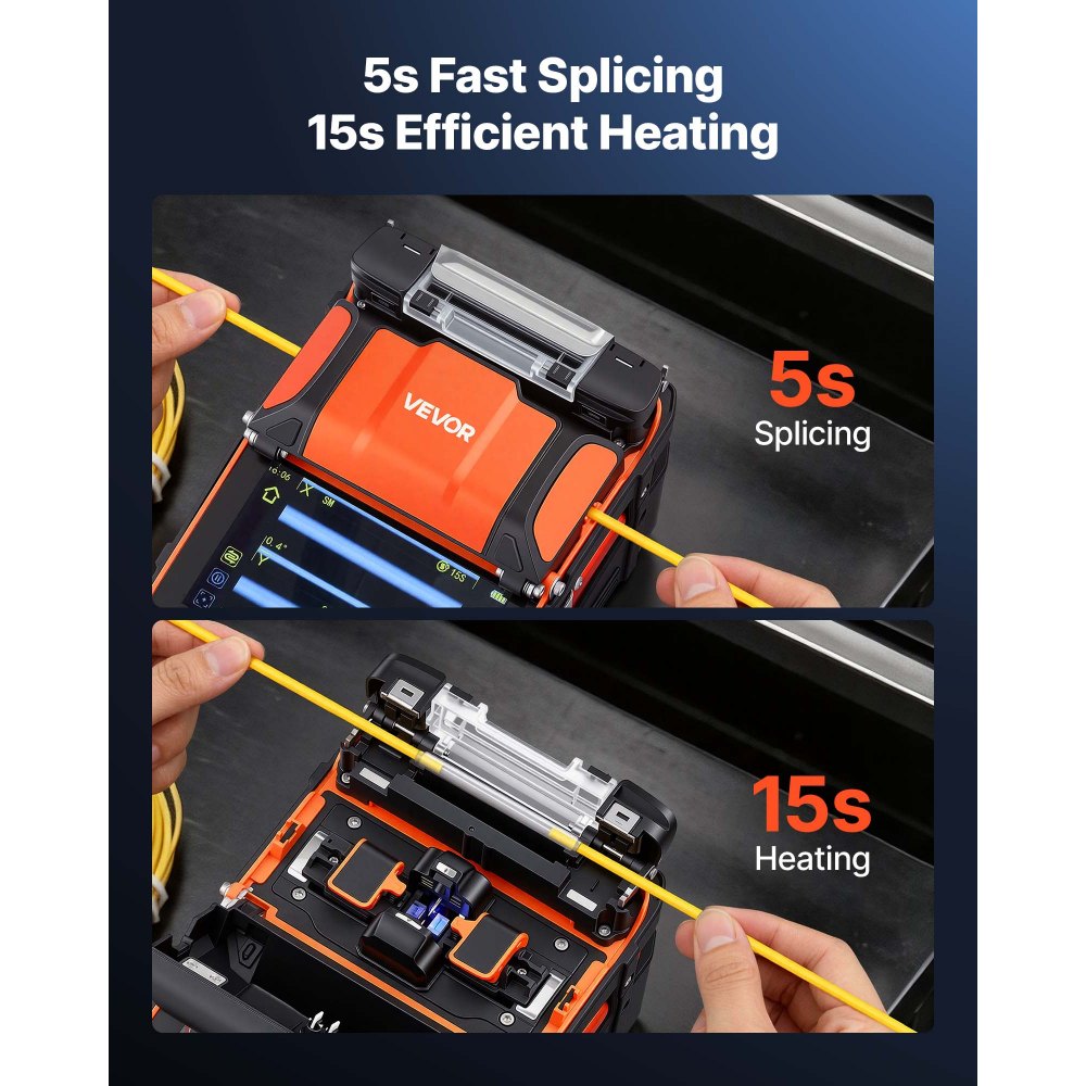 VEVOR Glasfaser-Spleißgerät LWL-Spleißgerät 6 Motoren 0,1µm Kernausrichtung, Fusionsspleißgerät mit VFL OPM für SM MM DS NZDS, 5s Spleißen, 15s Heizung, 5 Zoll Touchscreen, 3-in-1 Faserhalter, 7800mAh