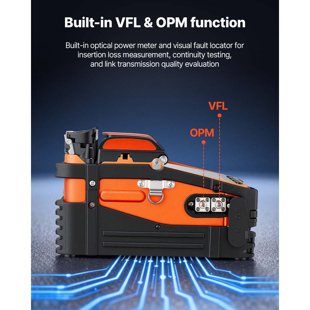 VEVOR Glasfaser-Spleißgerät LWL-Spleißgerät 6 Motoren 0,1µm Kernausrichtung, Fusionsspleißgerät mit VFL OPM für SM MM DS NZDS, 5s Spleißen, 15s Heizung, 5 Zoll Touchscreen, 3-in-1 Faserhalter, 7800mAh