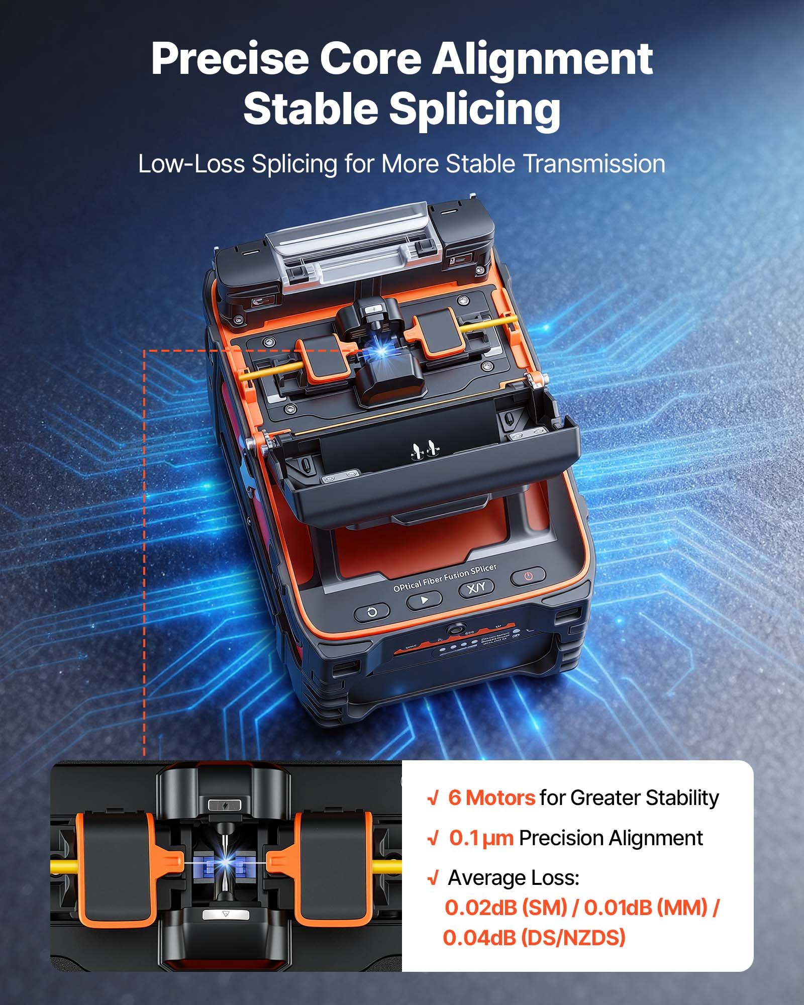 VEVOR Glasfaser-Spleißgerät LWL-Spleißgerät 6 Motoren 0,1µm Kernausrichtung, Fusionsspleißgerät mit VFL OPM für SM MM DS NZDS, 5s Spleißen, 15s Heizung, 5 Zoll Touchscreen, 3-in-1 Faserhalter, 7800mAh