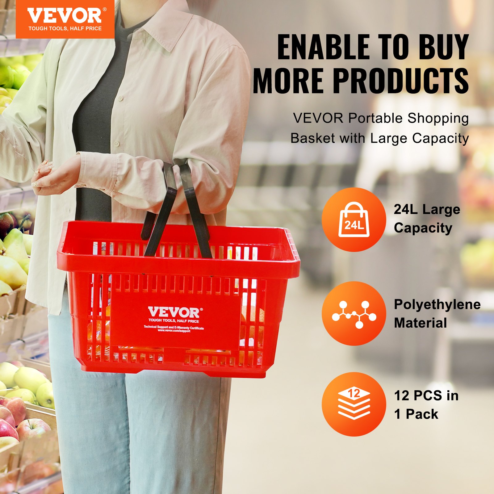 VEVOR Shopping Basket, Set of 12, 24L Robust Plastic Shopping Basket with Handle and Stand, 42 x 29 x 22 cm, Portable Shopping Basket in Bulk Pack for Grocery Shopping in Retail