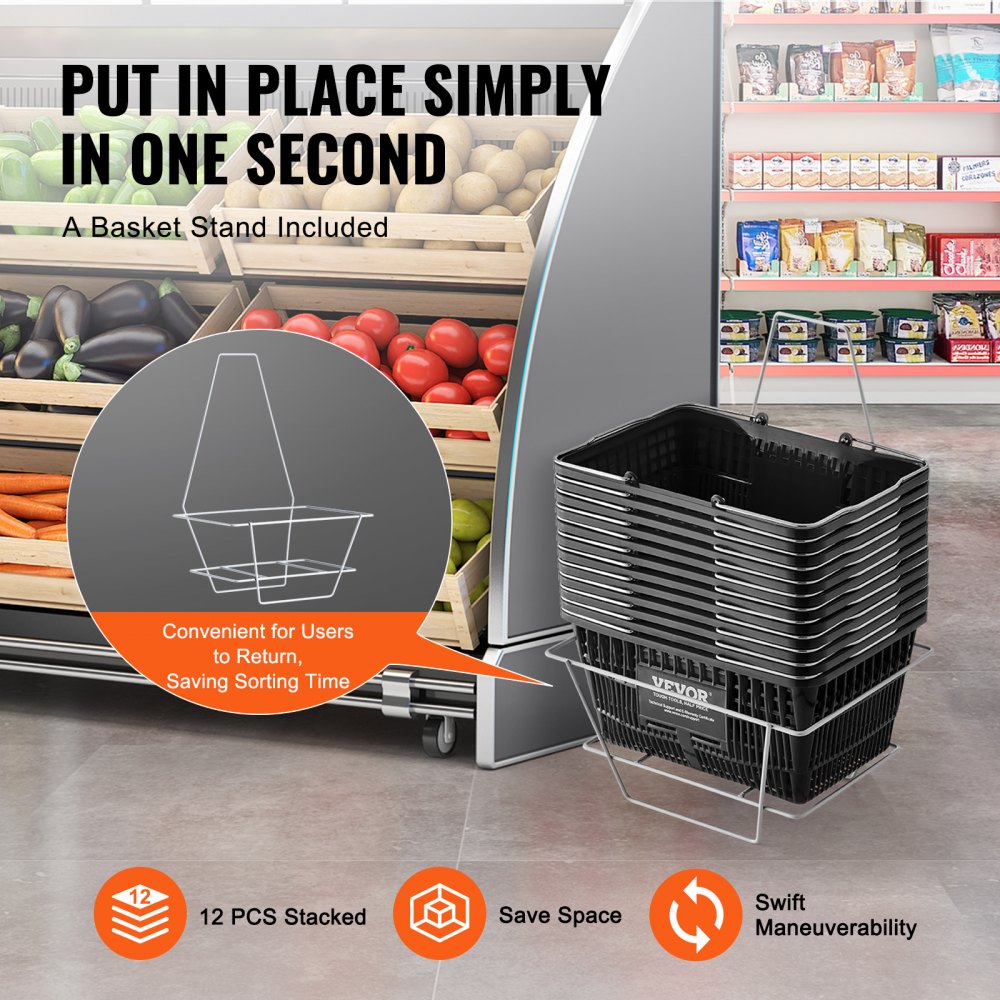VEVOR Shopping Basket, Set of 12, 21L Robust Plastic Shopping Basket with Metal Handle and Stand, 42 x 30 x 21 cm, Portable Shopping Basket for Retail Stores and Supermarkets