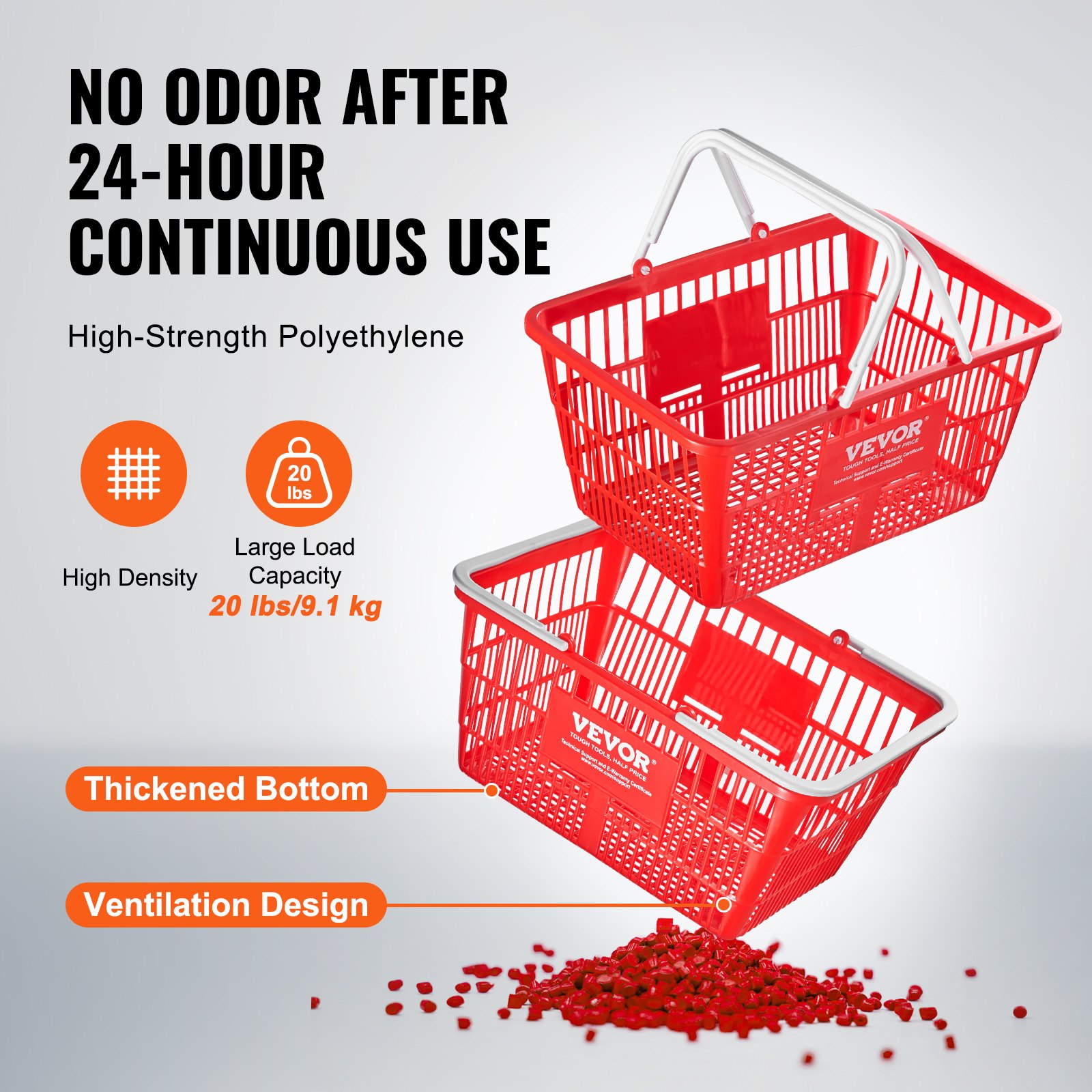 VEVOR Shopping Basket, Set of 20, 21L Sturdy Plastic Shopping Basket with Handle and Stand, 16.5 x 11.8 x 8.27 inches, Portable Shopping Basket in Bulk Pack for Grocery Shopping