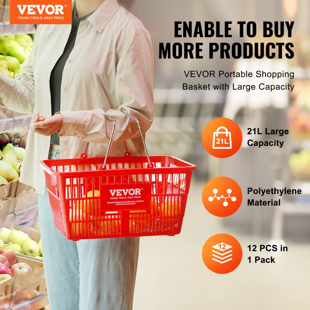 VEVOR Shopping Basket, Set of 12, 21L Sturdy Plastic Shopping Basket with Metal Handle and Stand, 42 x 30 x 21 cm, Portable Shopping Basket for Grocery Shopping in Retail Stores and Supermarkets