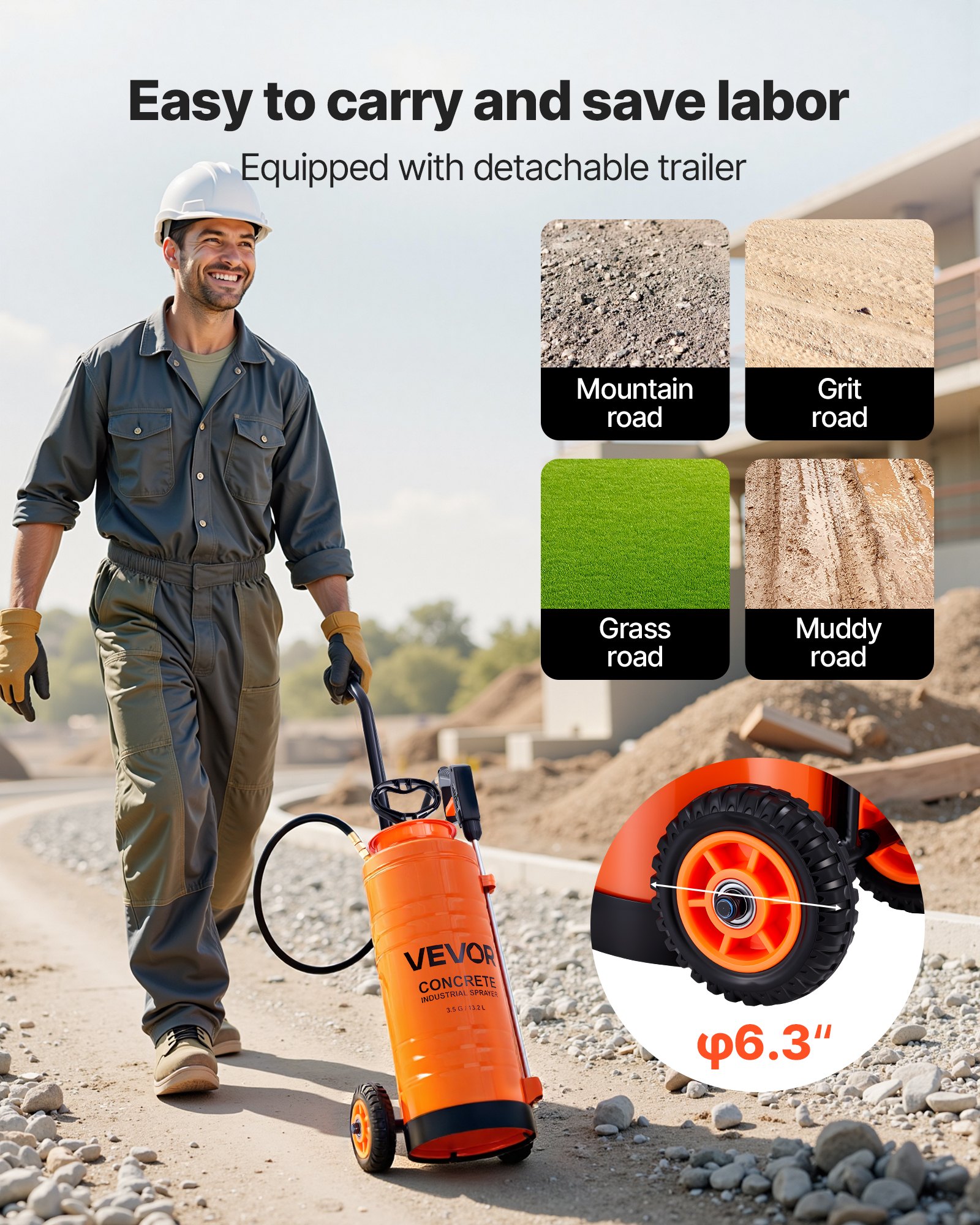 VEVOR Drucksprüher, Sprühgerät, Industrieller Betonsprüher mit Rolle, 13,2 L Edelstahlsprüher, Hochleistungs-Pumpsprüher, inkl. Schläuche, 2 Messingdüsen, ideal für Bau, Rasen und Garten