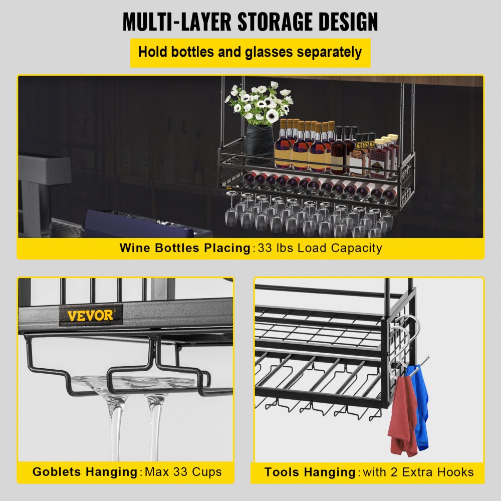 VEVOR Decken-Weinglasregal, 119 x 30 cm hängendes Weinglasregal, 48-91 cm höhenverstellbarer hängender Weinregalschrank, schwarzes wandmontiertes Weinglasregal, perfekt für Bar, Café, Küche