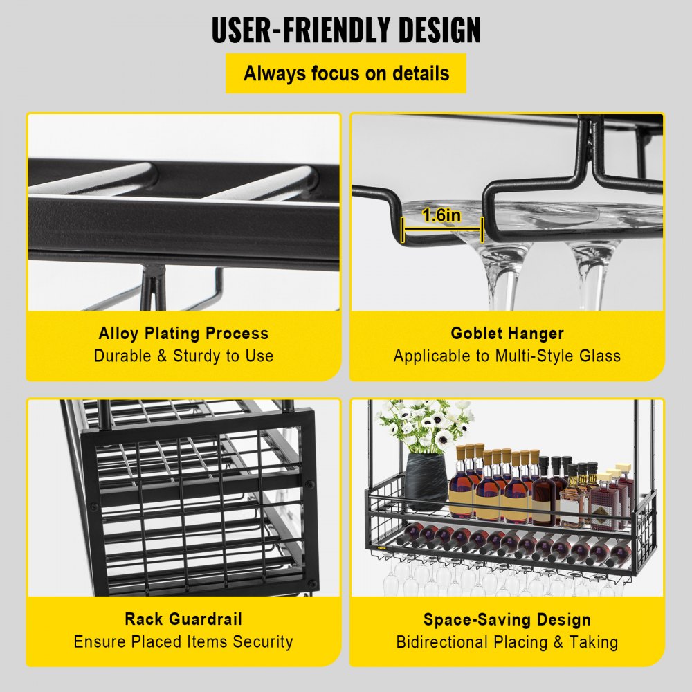 VEVOR Decken-Weinglasregal, 119 x 30 cm hängendes Weinglasregal, 48-91 cm höhenverstellbarer hängender Weinregalschrank, schwarzes wandmontiertes Weinglasregal, perfekt für Bar, Café, Küche